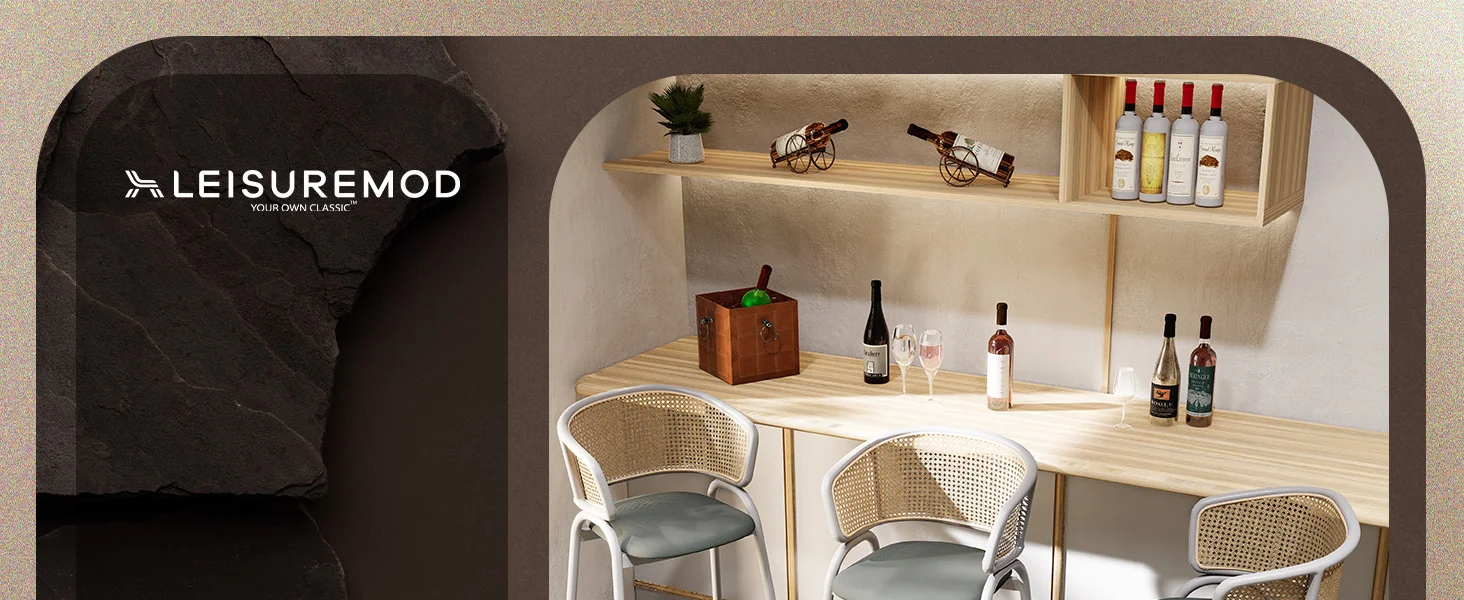 Ervilla Wicker Bar Stool with Fabric Seat and White Steel Frame - Grey leather