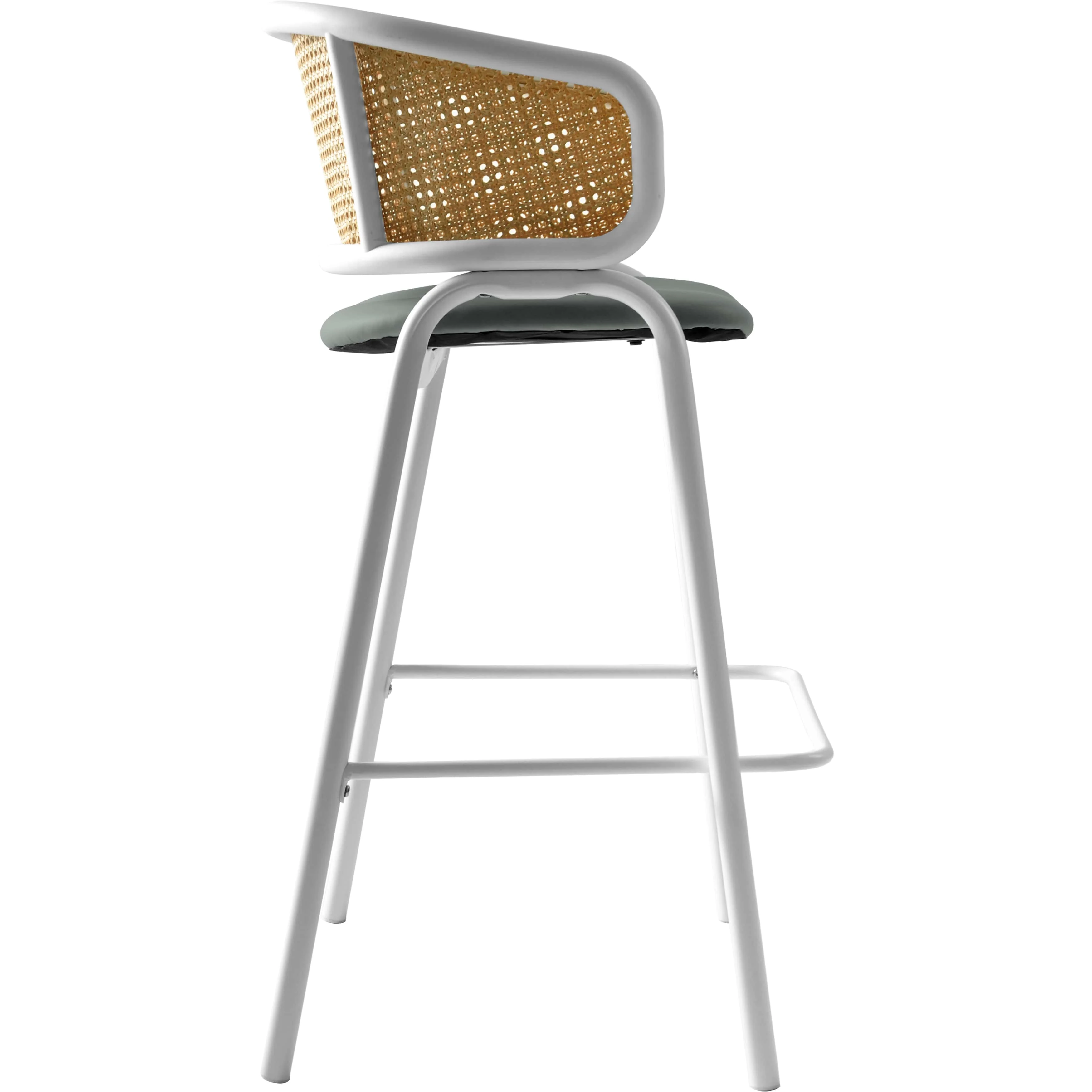 Ervilla Wicker Bar Stool with Fabric Seat and White Steel Frame - Grey leather