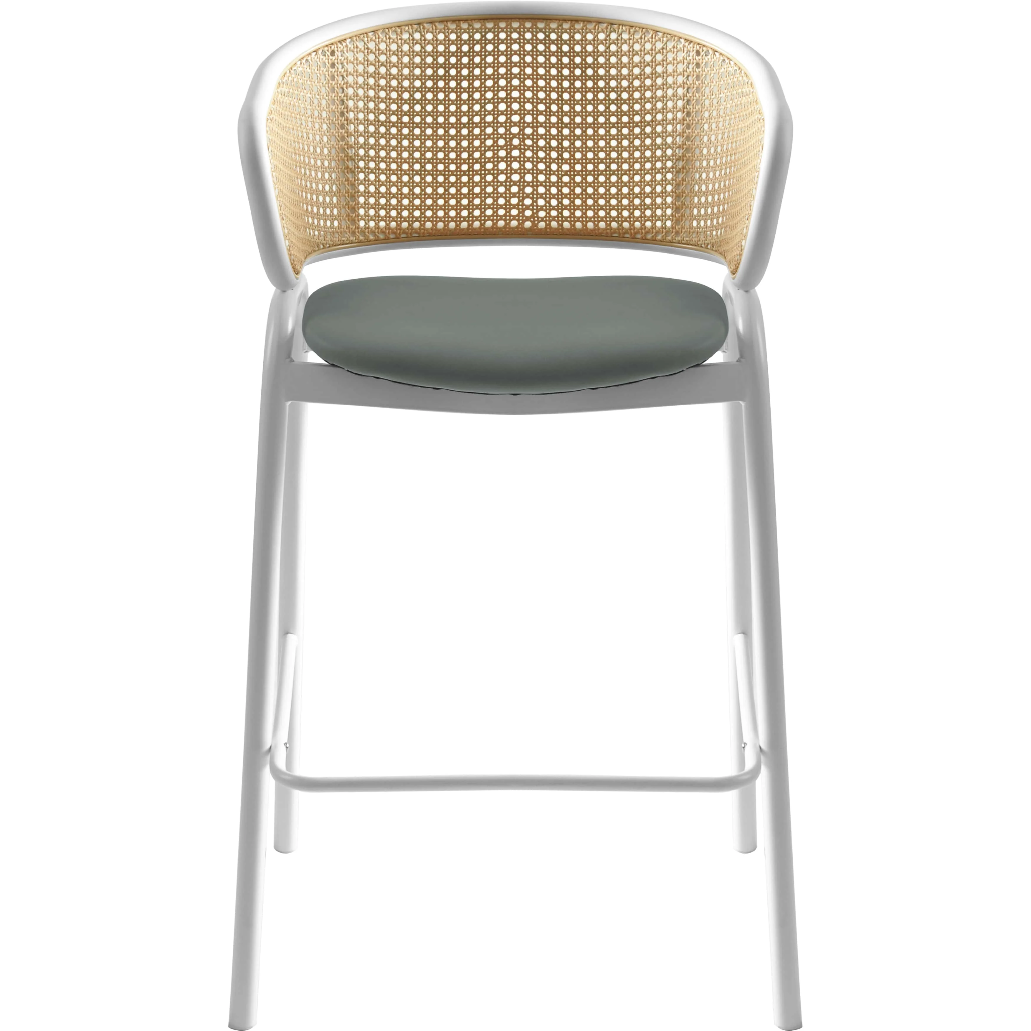 Ervilla Wicker Bar Stool with Fabric Seat and White Steel Frame - Grey leather
