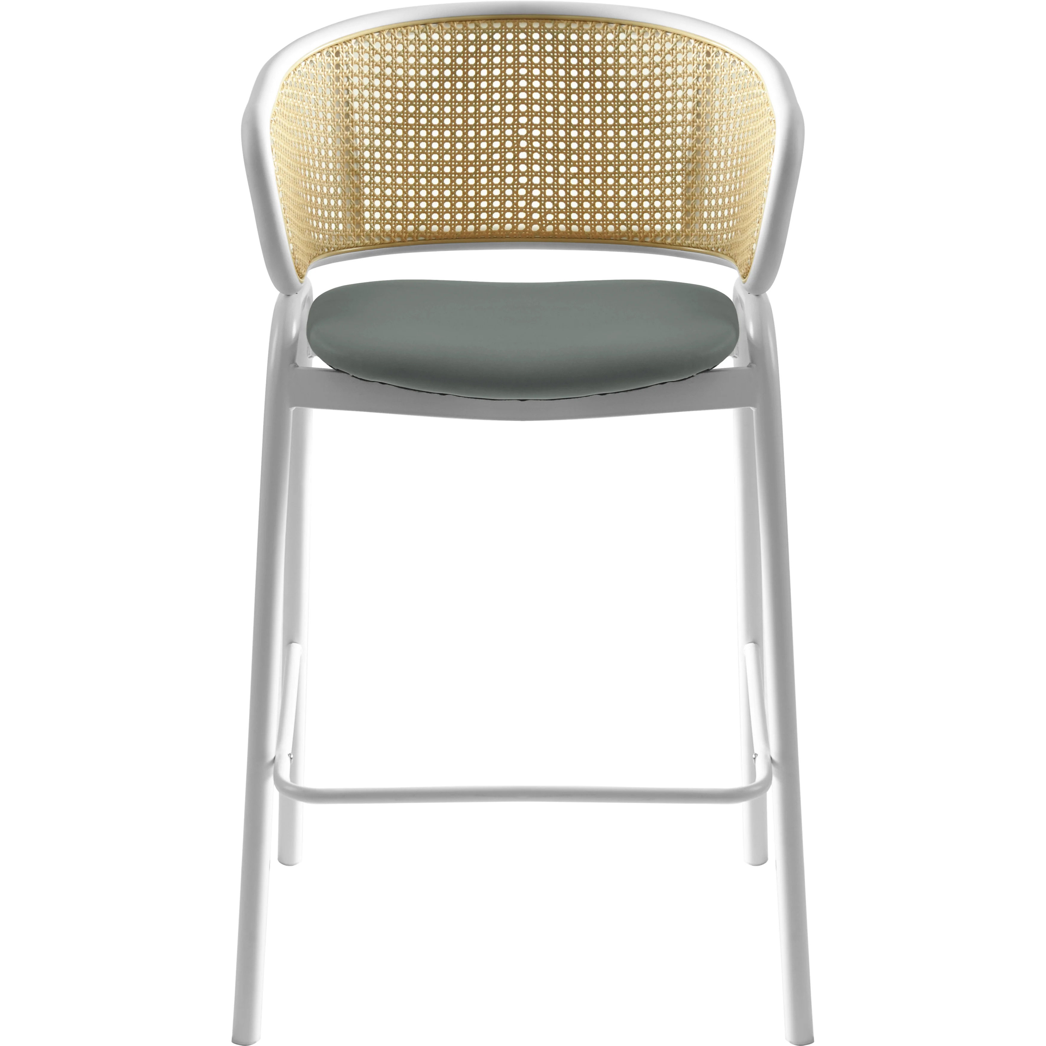 Ervilla Wicker Bar Stool with Fabric Seat and White Steel Frame - Grey leather