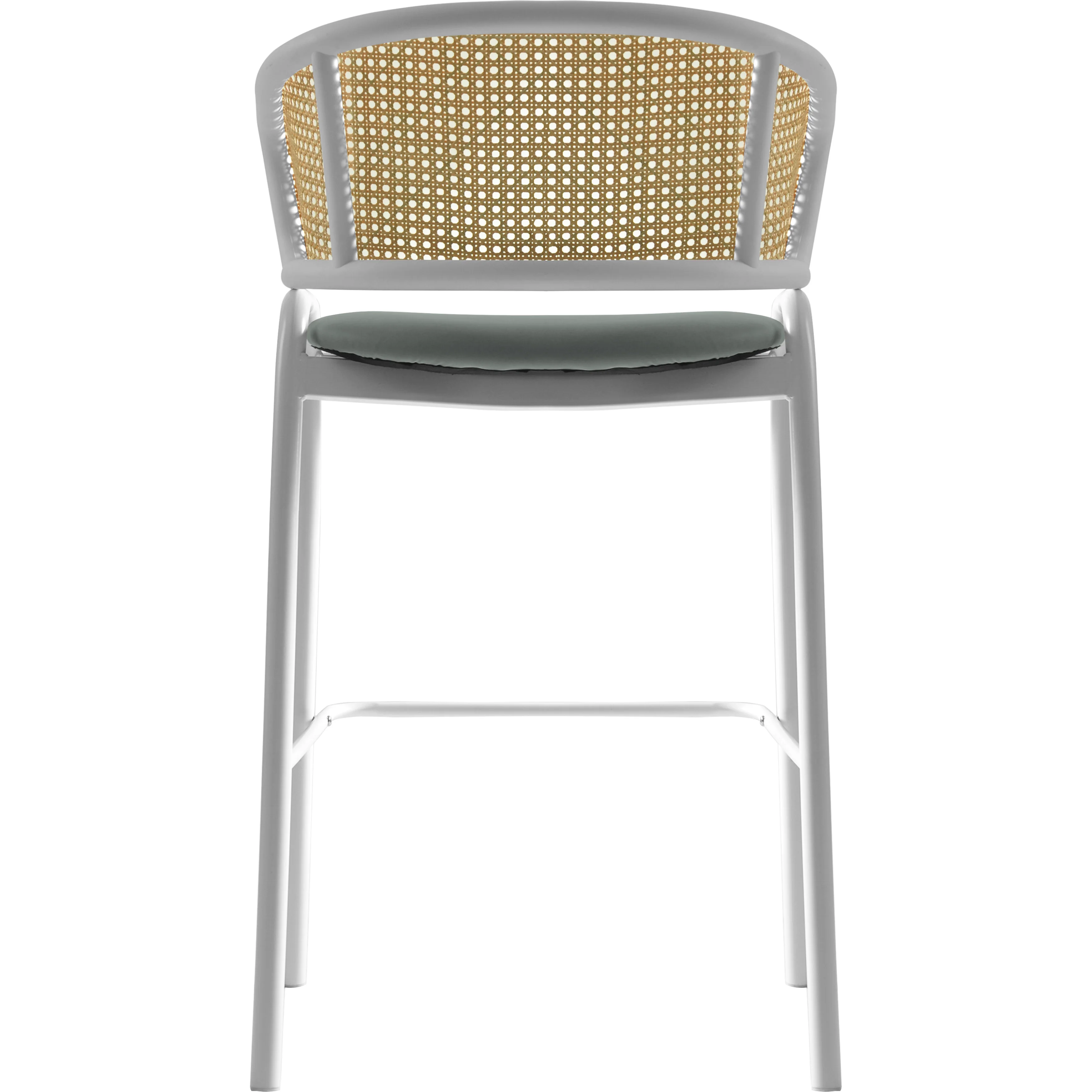 Ervilla Wicker Bar Stool with Fabric Seat and White Steel Frame - Grey leather