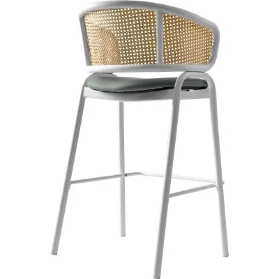 Ervilla Wicker Bar Stool with Fabric Seat and White Steel Frame - Grey leather