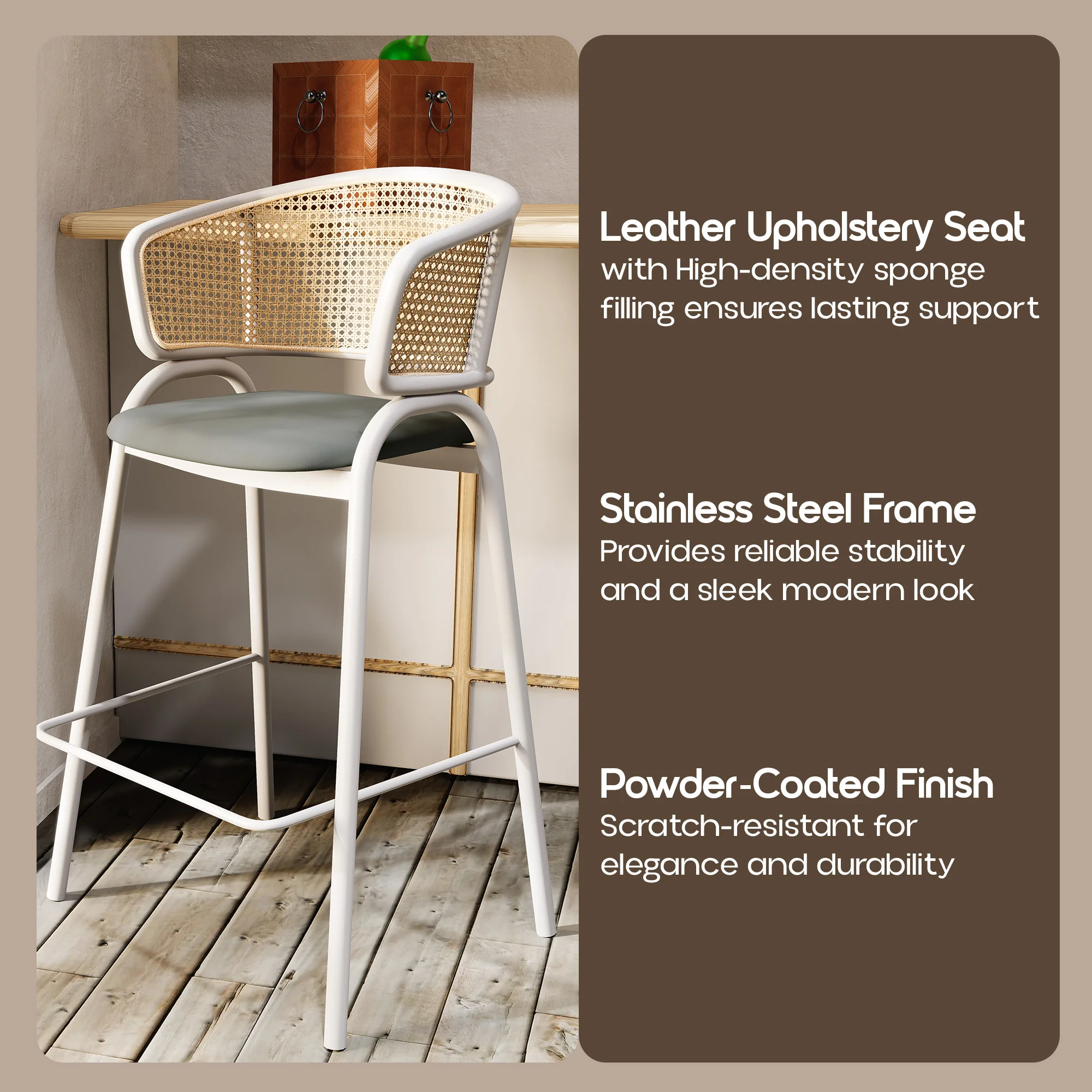 Ervilla Wicker Bar Stool with Fabric Seat and White Steel Frame - Grey leather - Set of 2