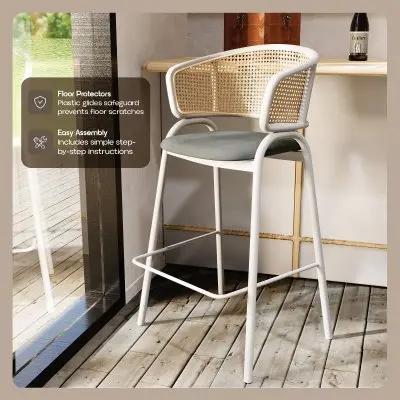 Ervilla Wicker Bar Stool with Fabric Seat and White Steel Frame - Grey leather - Set of 2
