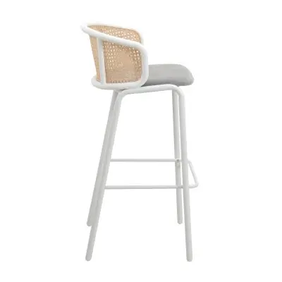 Ervilla Mid-Century Modern Wicker Bar Stool with Fabric Seat and White Powder Coated Steel Frame for Kitchen and Dining Room in Grey