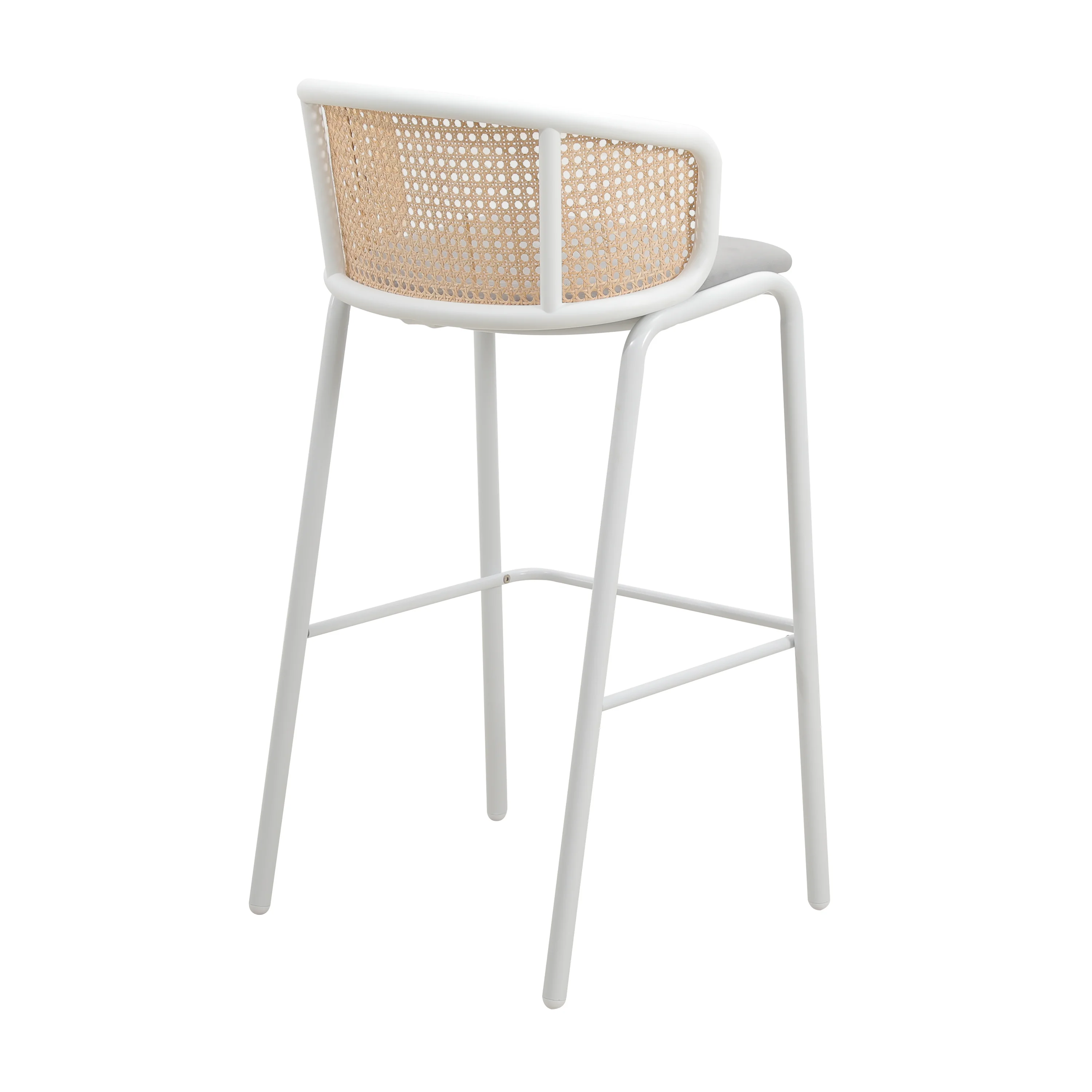 Ervilla Mid-Century Modern Wicker Bar Stool with Fabric Seat and White Powder Coated Steel Frame, Set of 2 in Grey