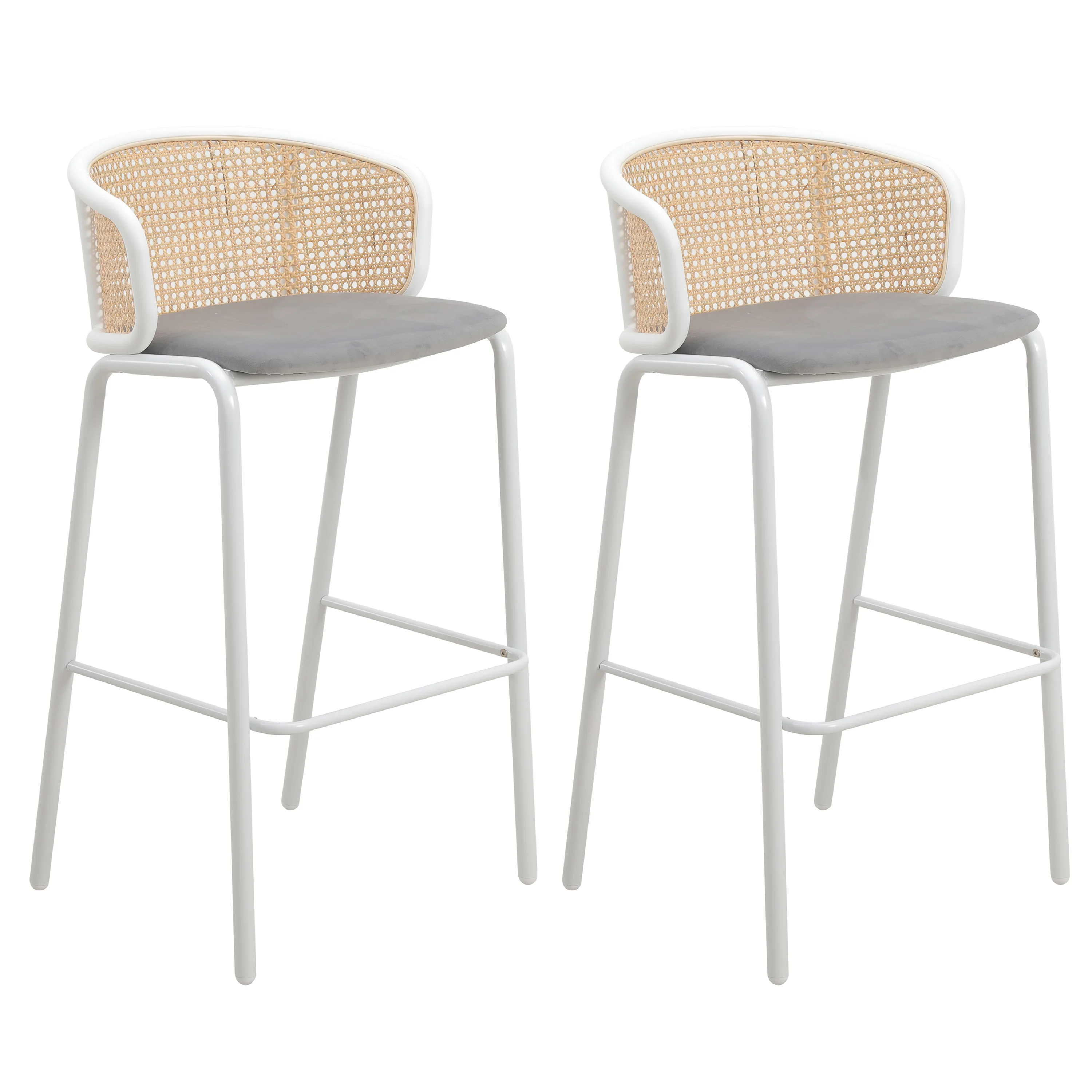 Ervilla Mid-Century Modern Wicker Bar Stool with Fabric Seat and White Powder Coated Steel Frame, Set of 2 in Grey