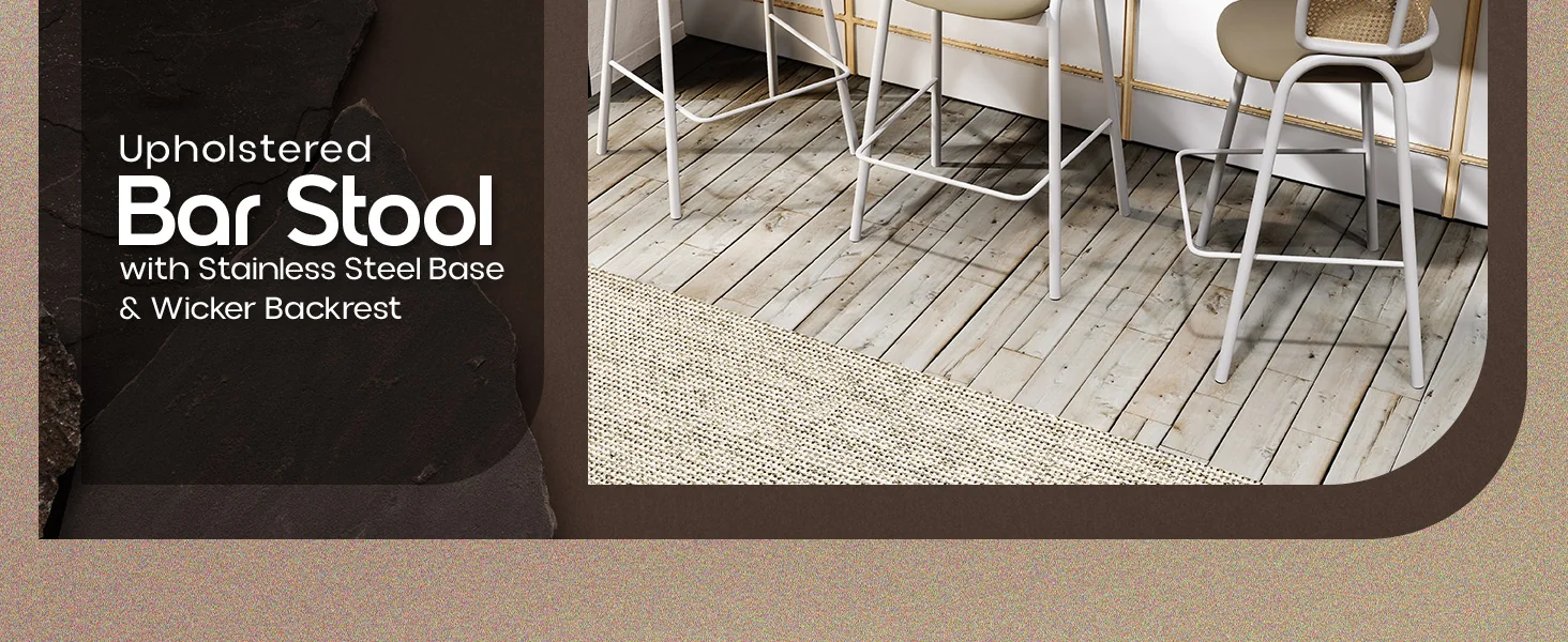 Ervilla Wicker Bar Stool with Fabric Seat and White Steel Frame - Taupe