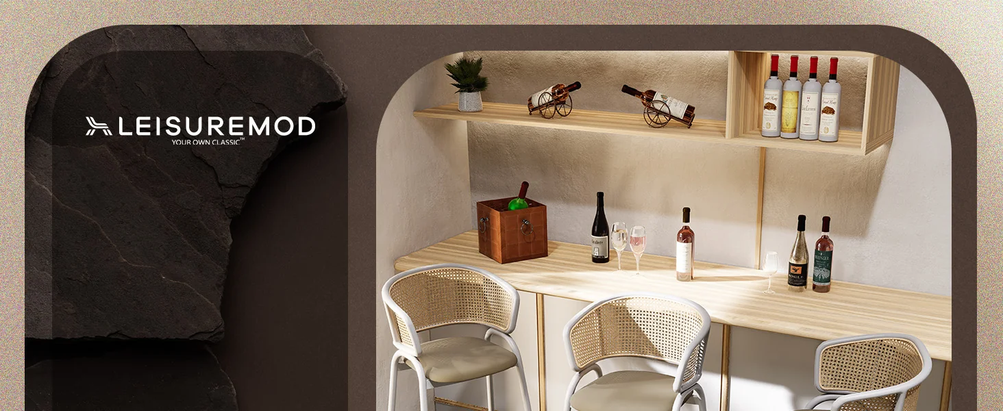 Ervilla Wicker Bar Stool with Fabric Seat and White Steel Frame - Taupe