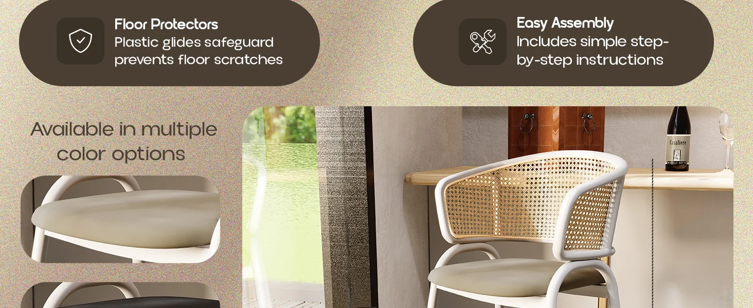 Ervilla Wicker Bar Stool with Fabric Seat and White Steel Frame - Taupe