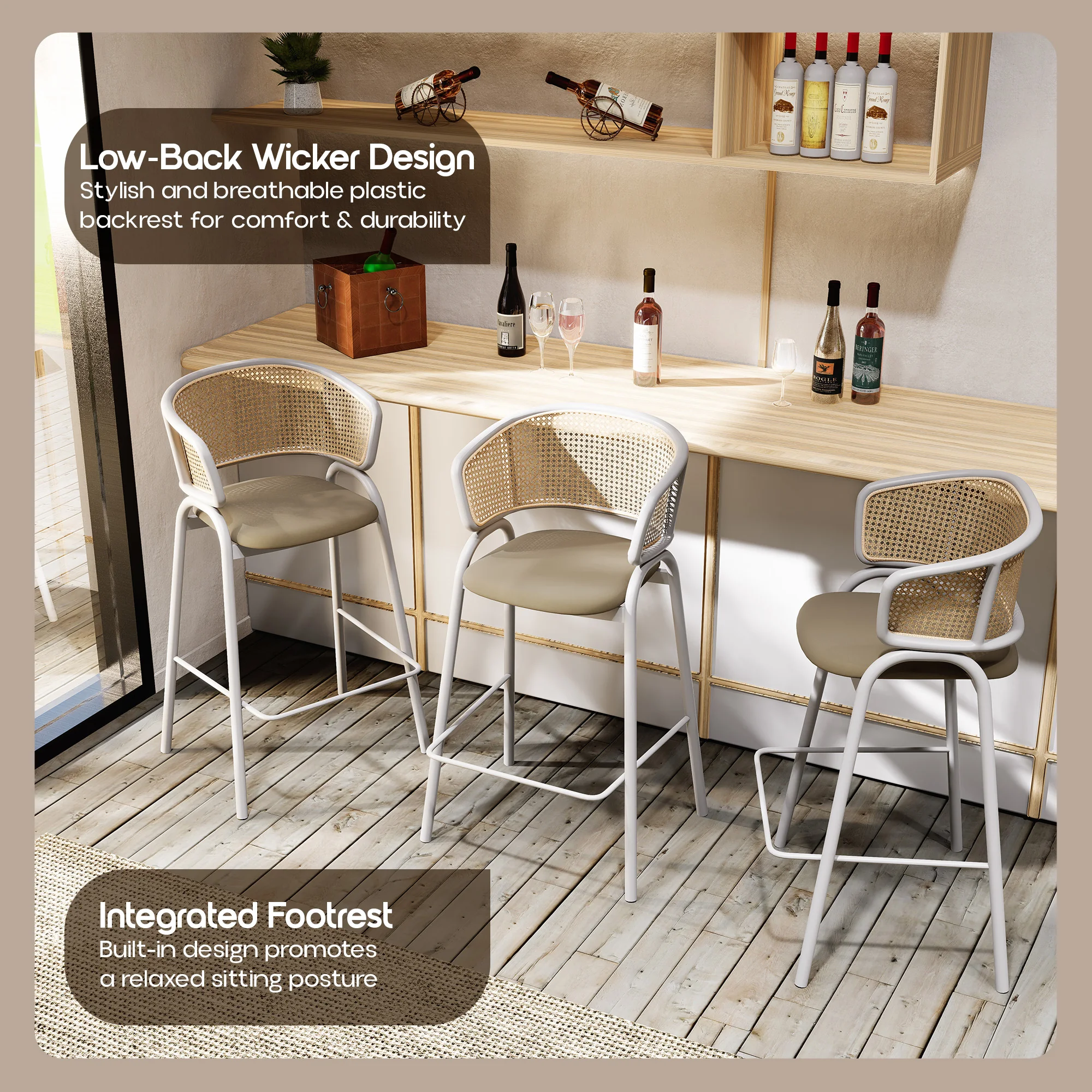 Ervilla Wicker Bar Stool with Fabric Seat and White Steel Frame - Taupe
