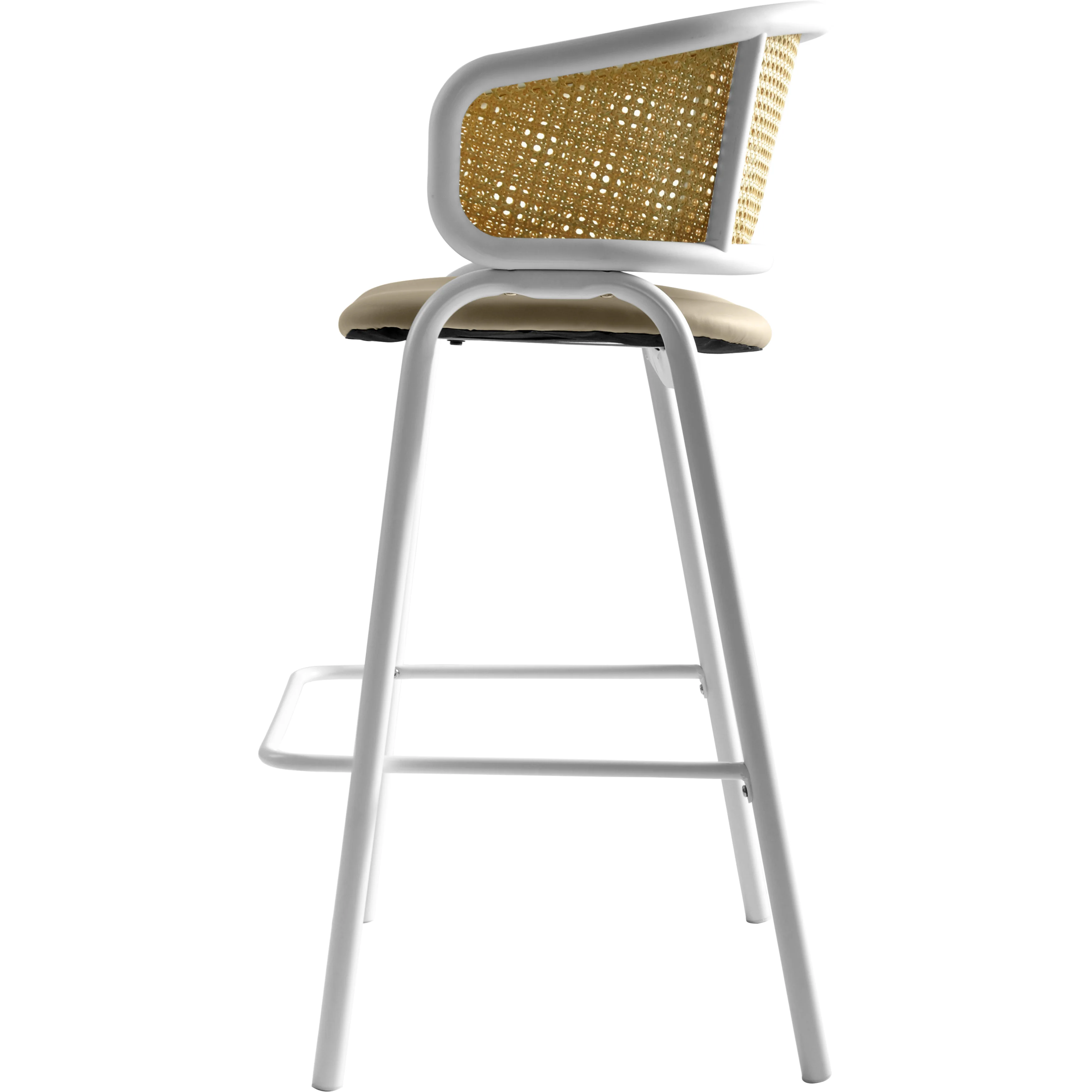 Ervilla Wicker Bar Stool with Fabric Seat and White Steel Frame - Taupe