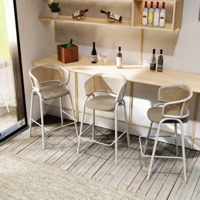 Ervilla Wicker Bar Stool with Fabric Seat and White Steel Frame - Taupe