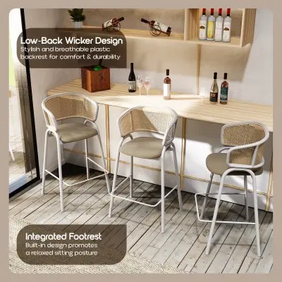 Ervilla Wicker Bar Stool with Fabric Seat and White Steel Frame - Taupe - Set of 2
