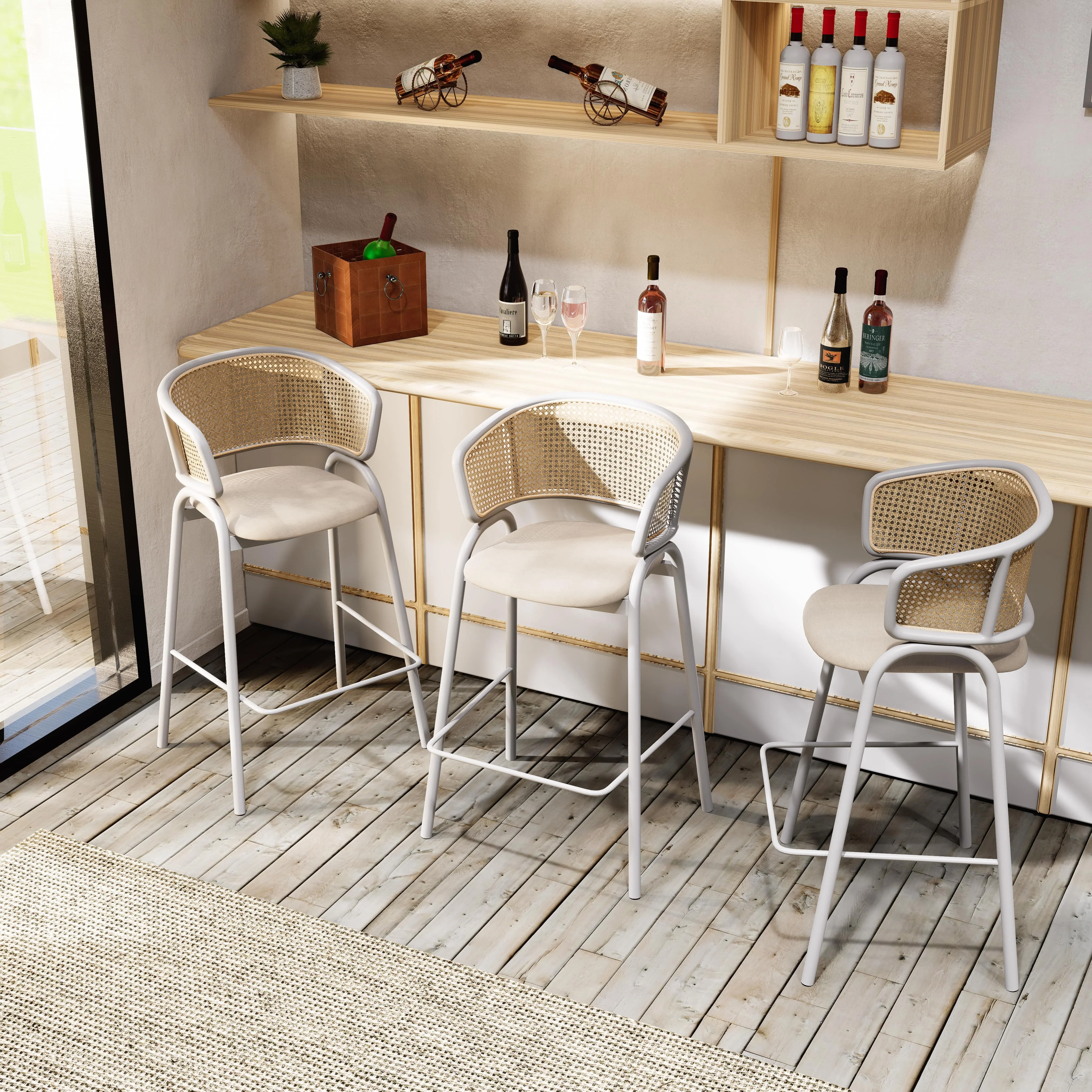 Ervilla Wicker Bar Stool with Fabric Seat and White Steel Frame - White leather