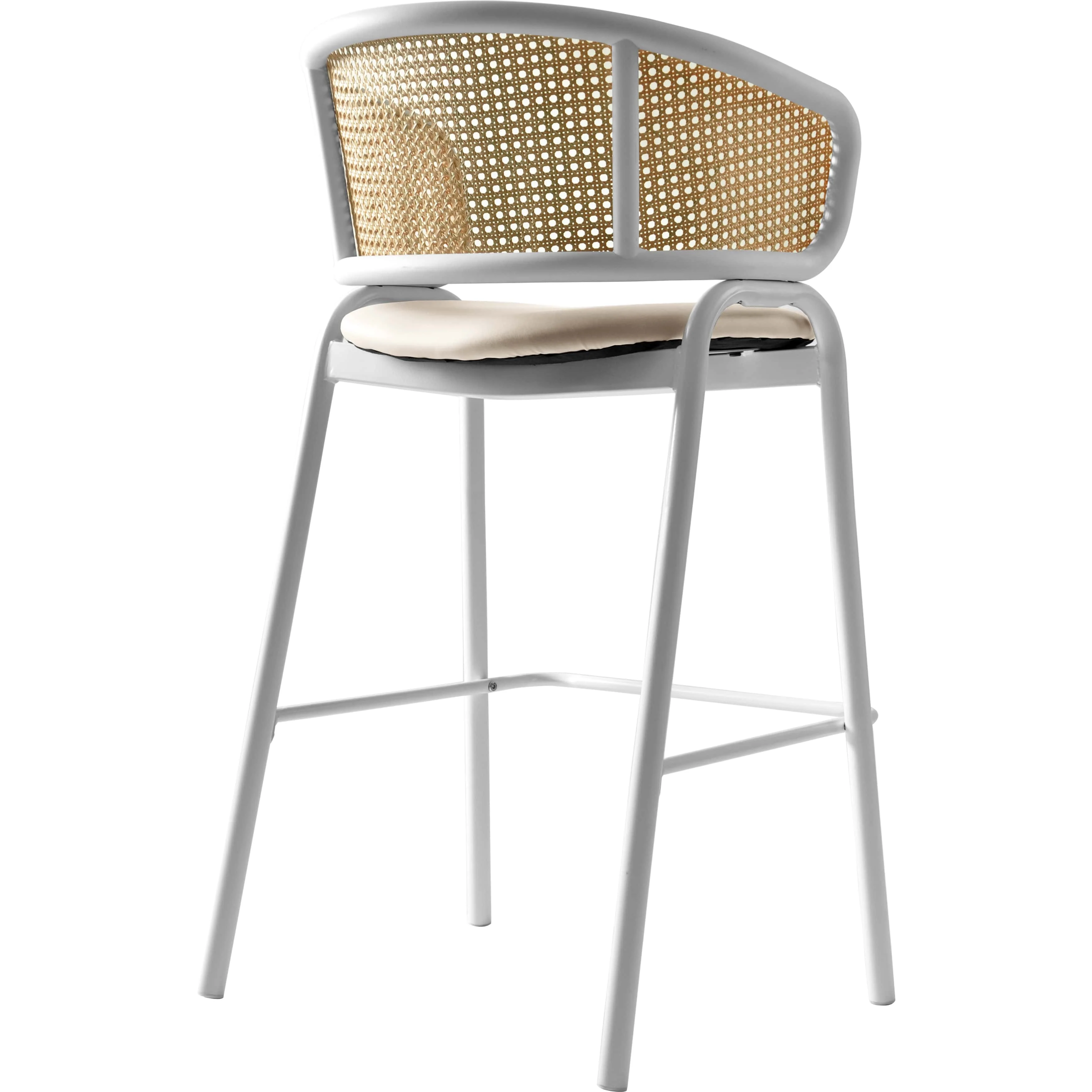 Ervilla Wicker Bar Stool with Fabric Seat and White Steel Frame - White leather