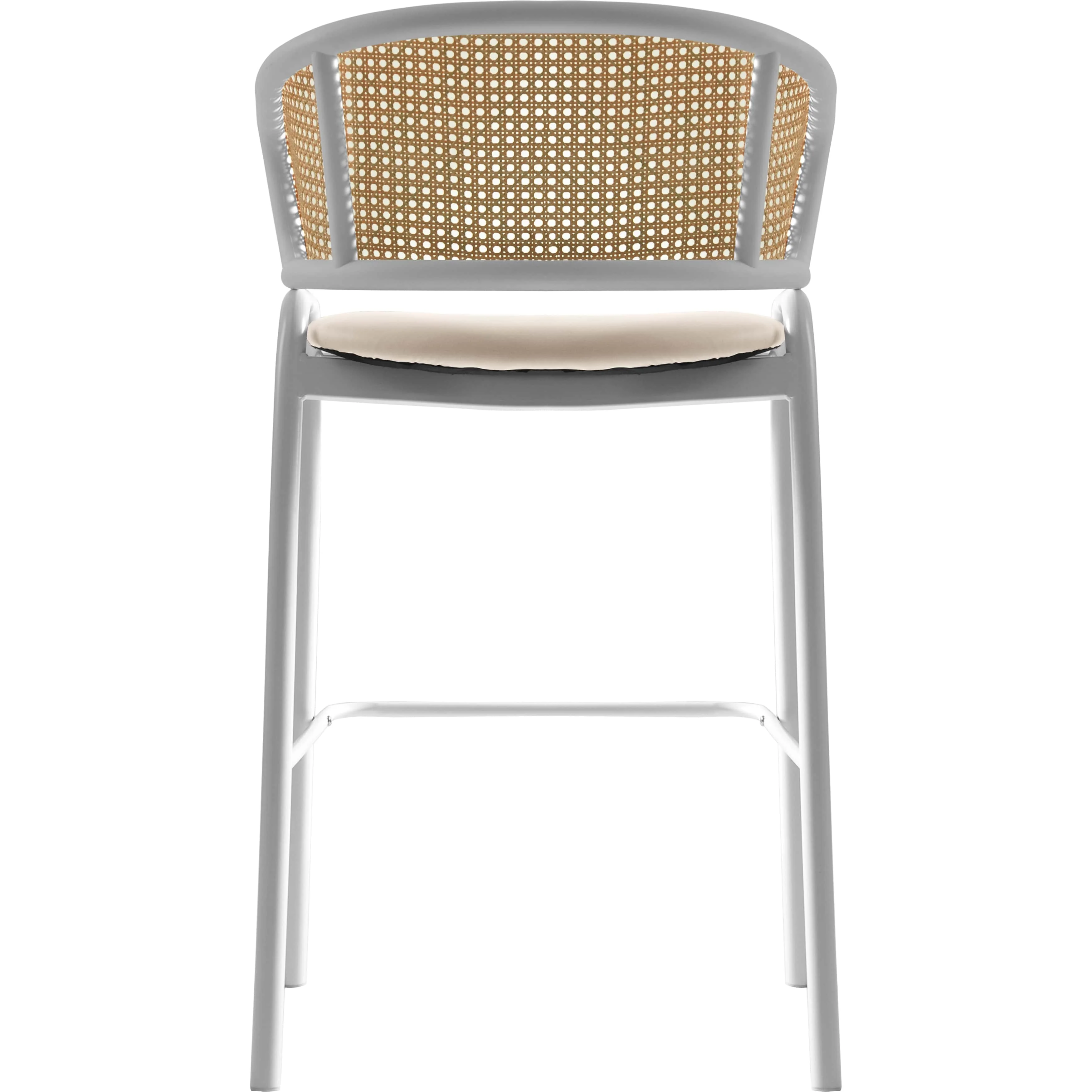 Ervilla Wicker Bar Stool with Fabric Seat and White Steel Frame - White leather
