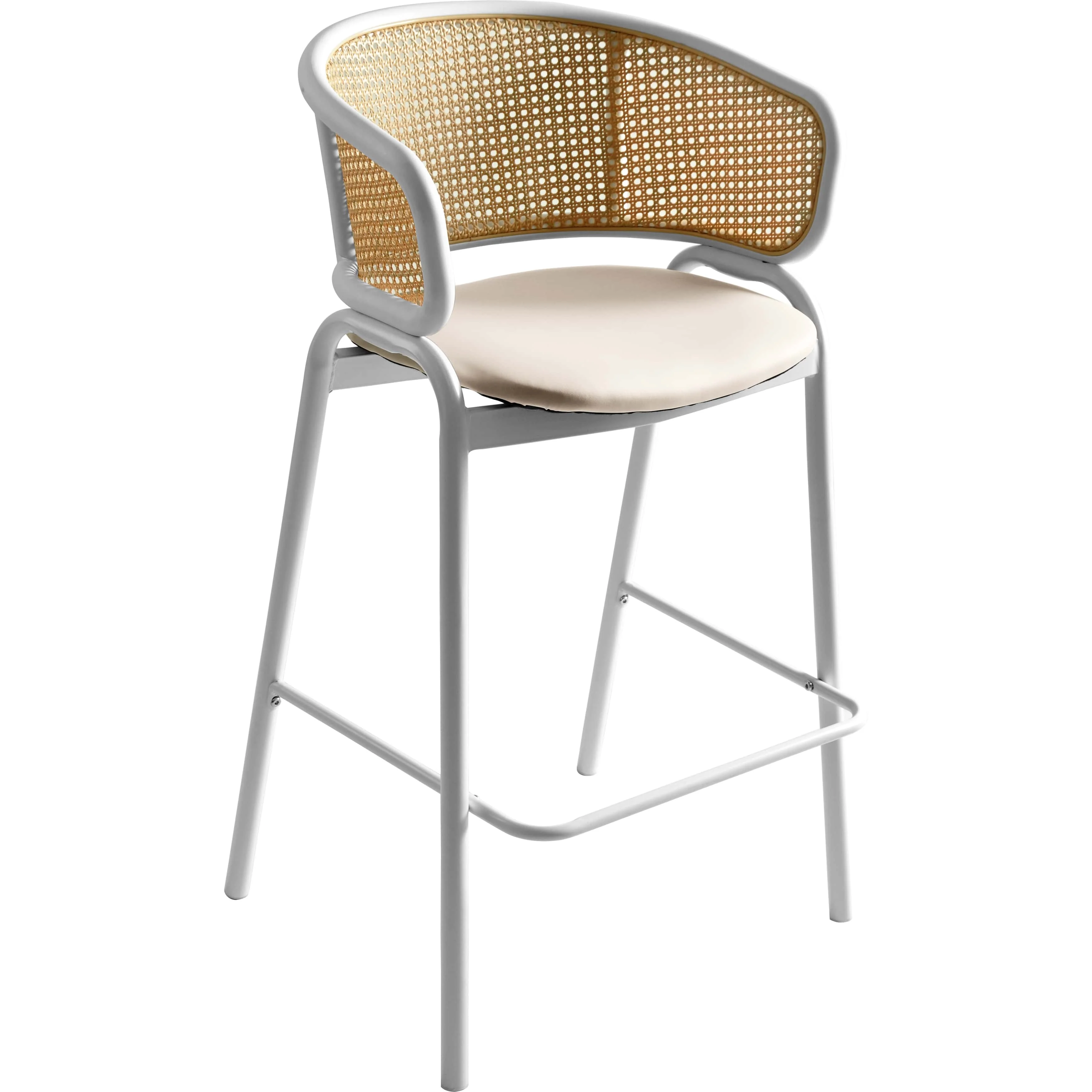 Ervilla Wicker Bar Stool with Fabric Seat and White Steel Frame - White leather