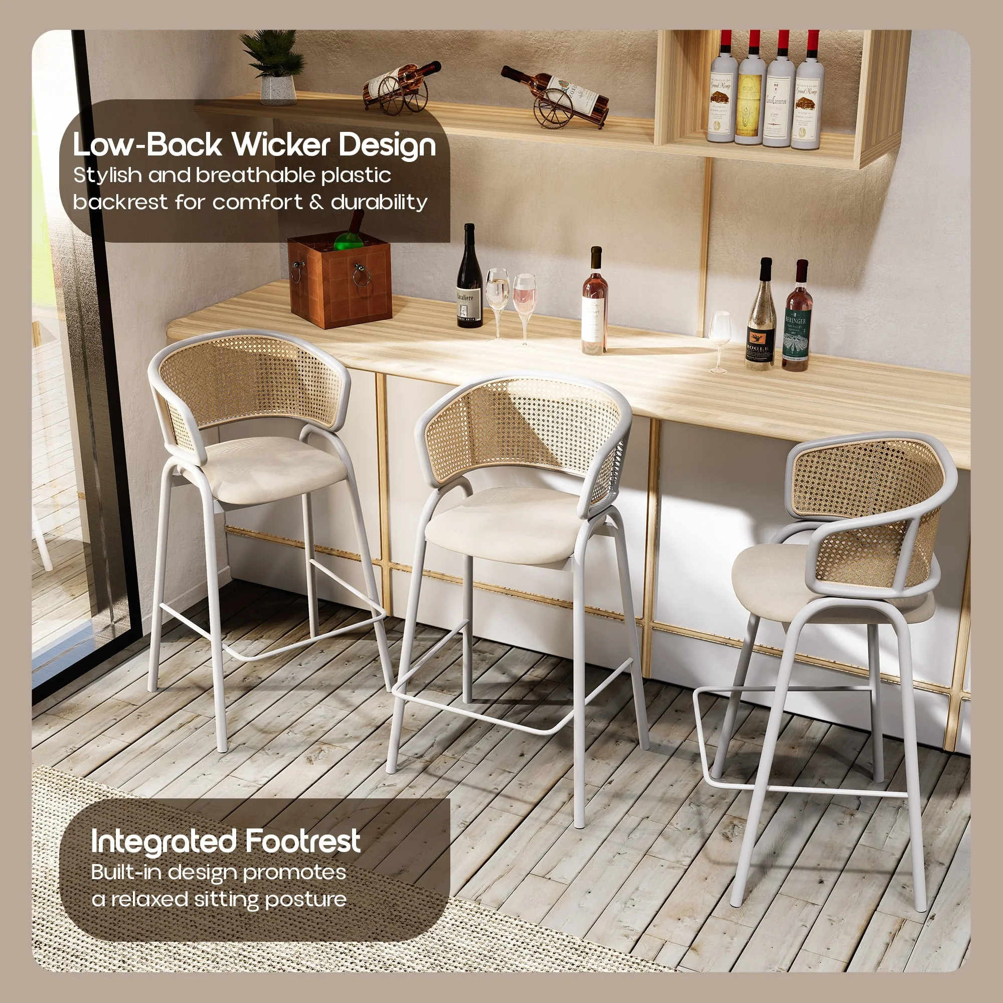 Ervilla Wicker Bar Stool with Fabric Seat and White Steel Frame - White leather - Set of 2
