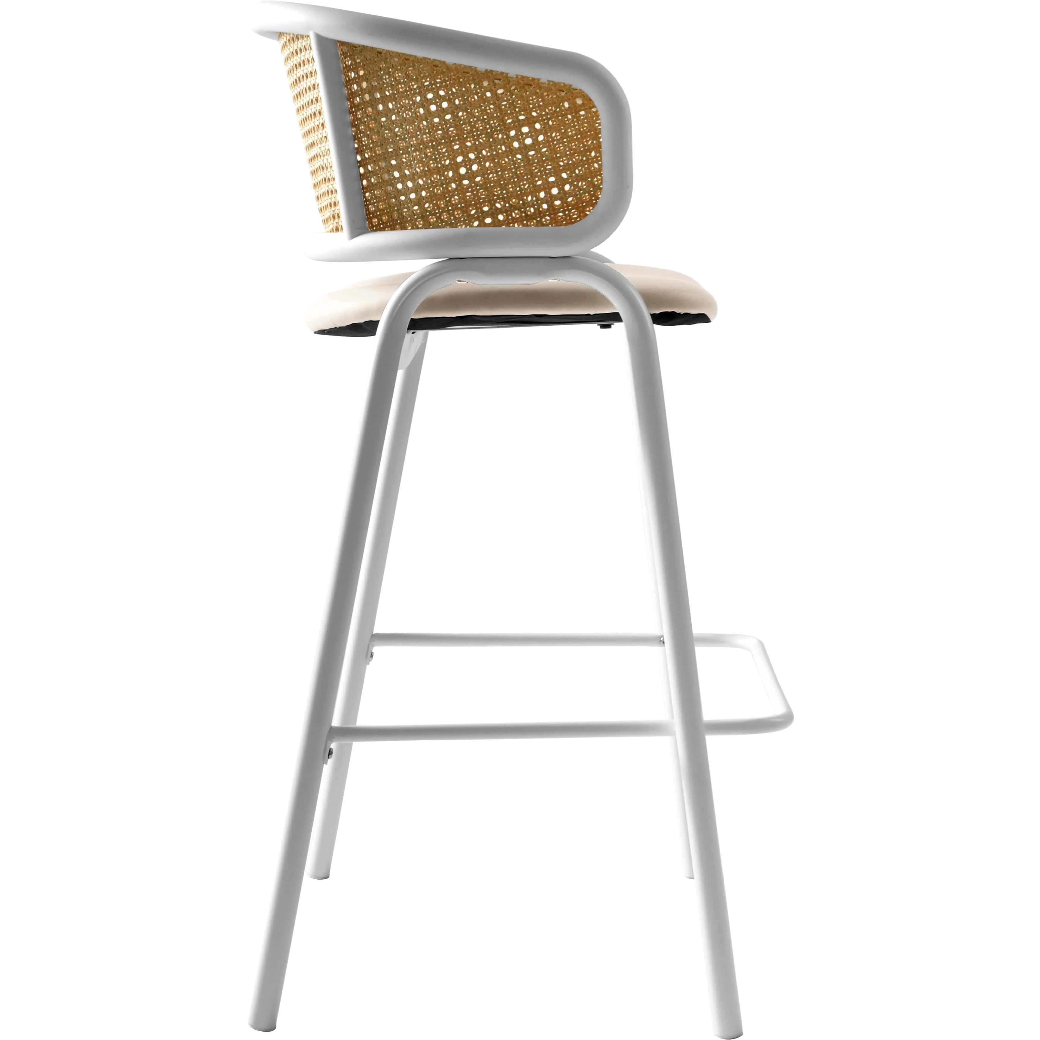 Ervilla Wicker Bar Stool with Fabric Seat and White Steel Frame - White leather - Set of 2