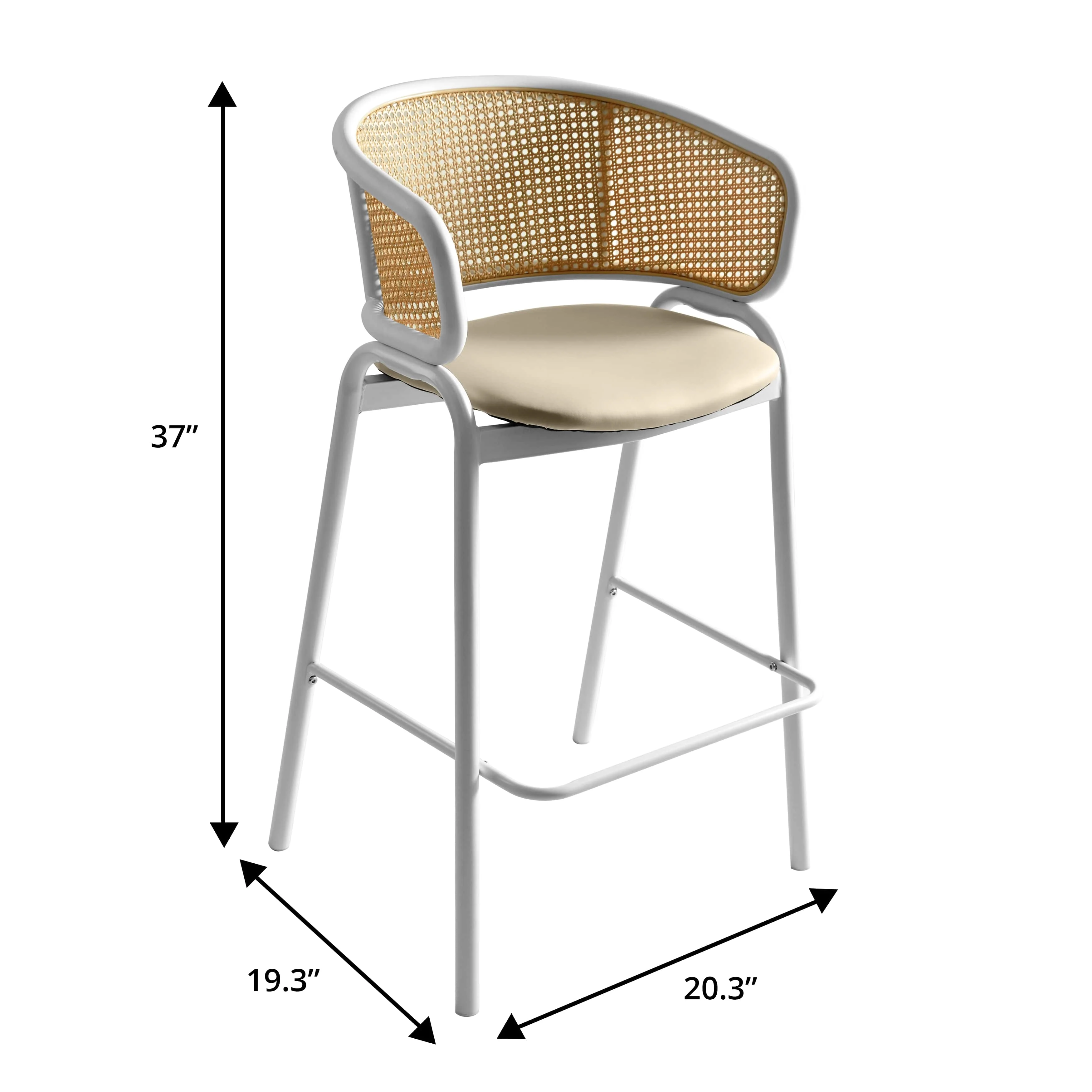 Ervilla Wicker Bar Stool with Fabric Seat and White Steel Frame - White leather - Set of 2