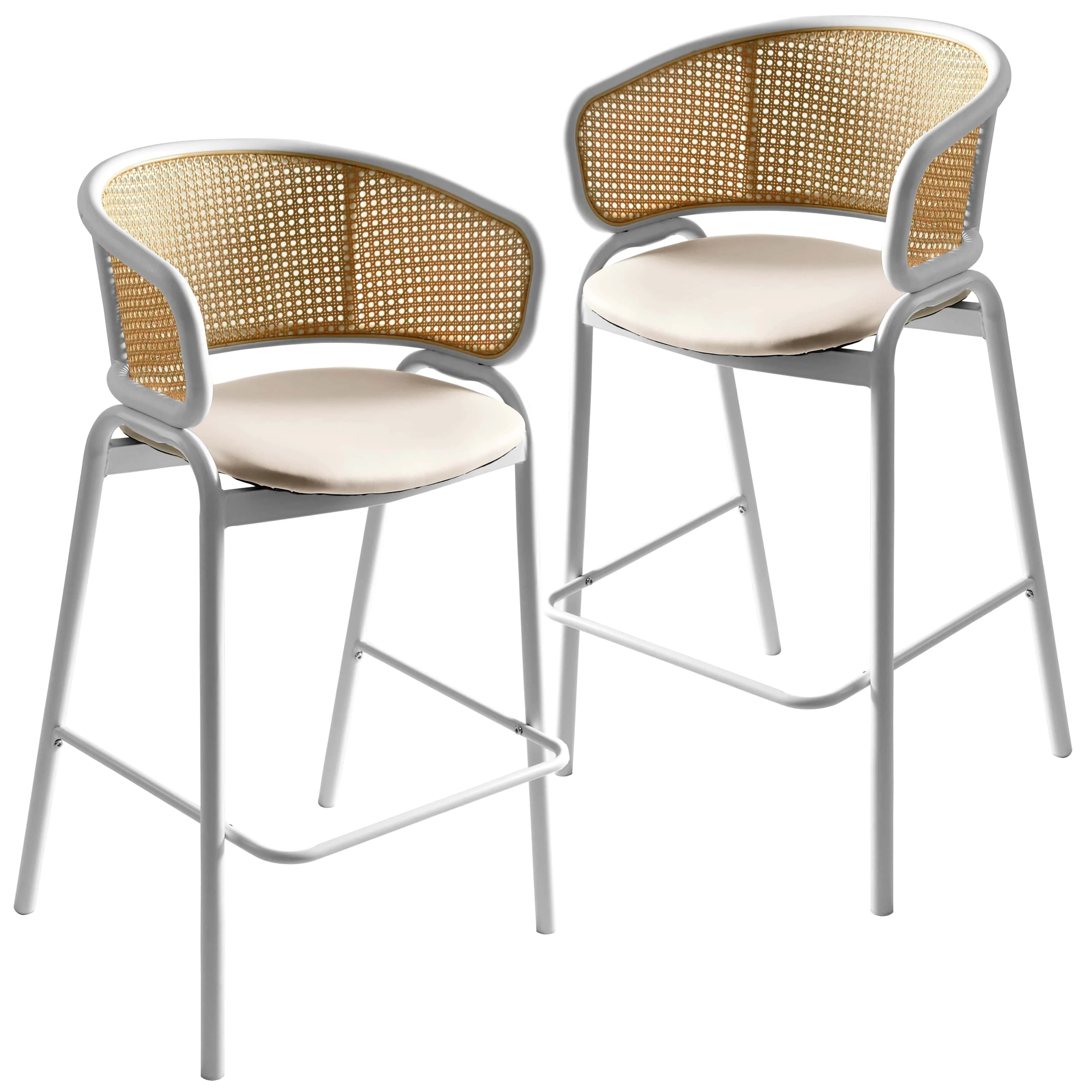 Ervilla Wicker Bar Stool with Fabric Seat and White Steel Frame - White leather - Set of 2