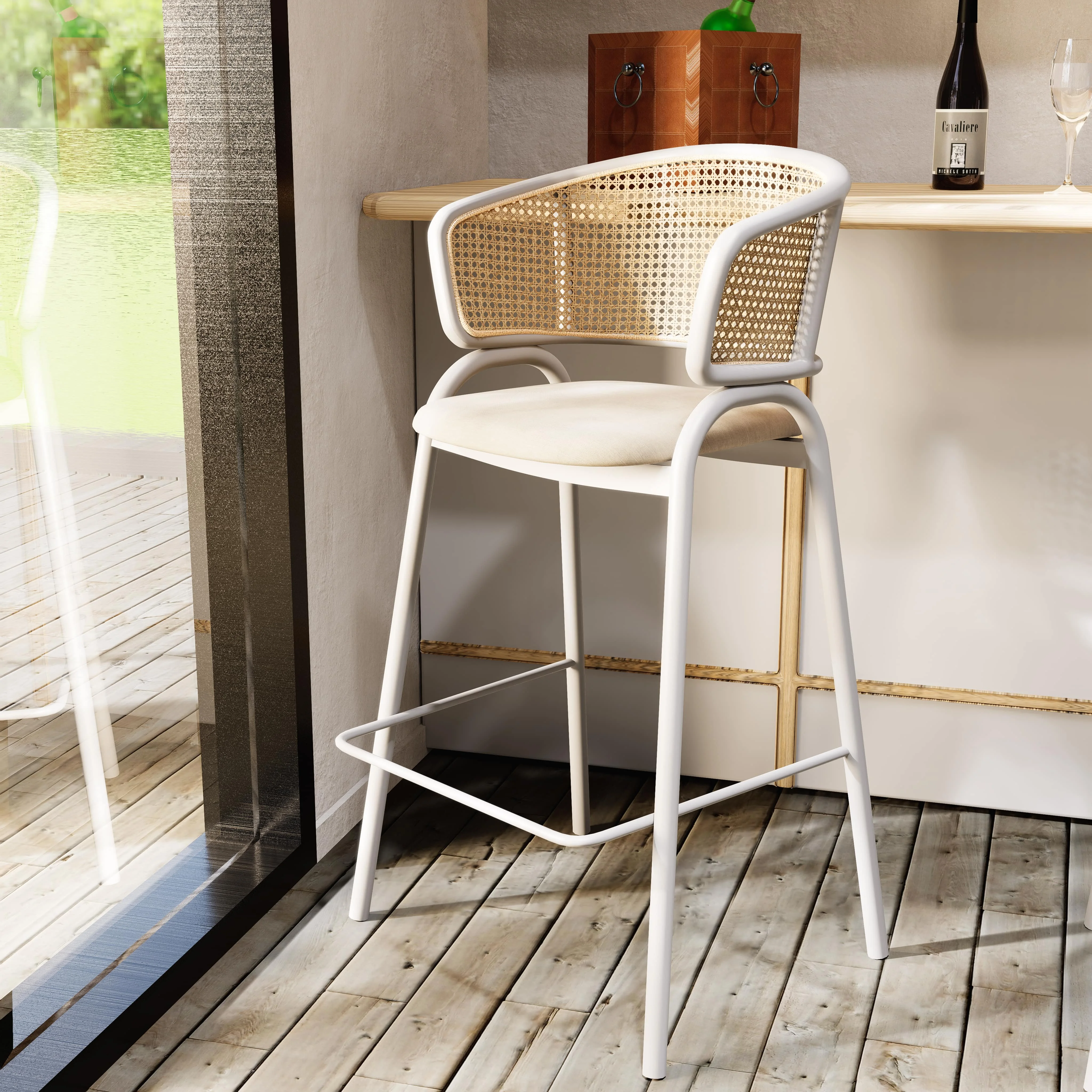 Ervilla Wicker Bar Stool with Fabric Seat and White Steel Frame - White leather - Set of 2