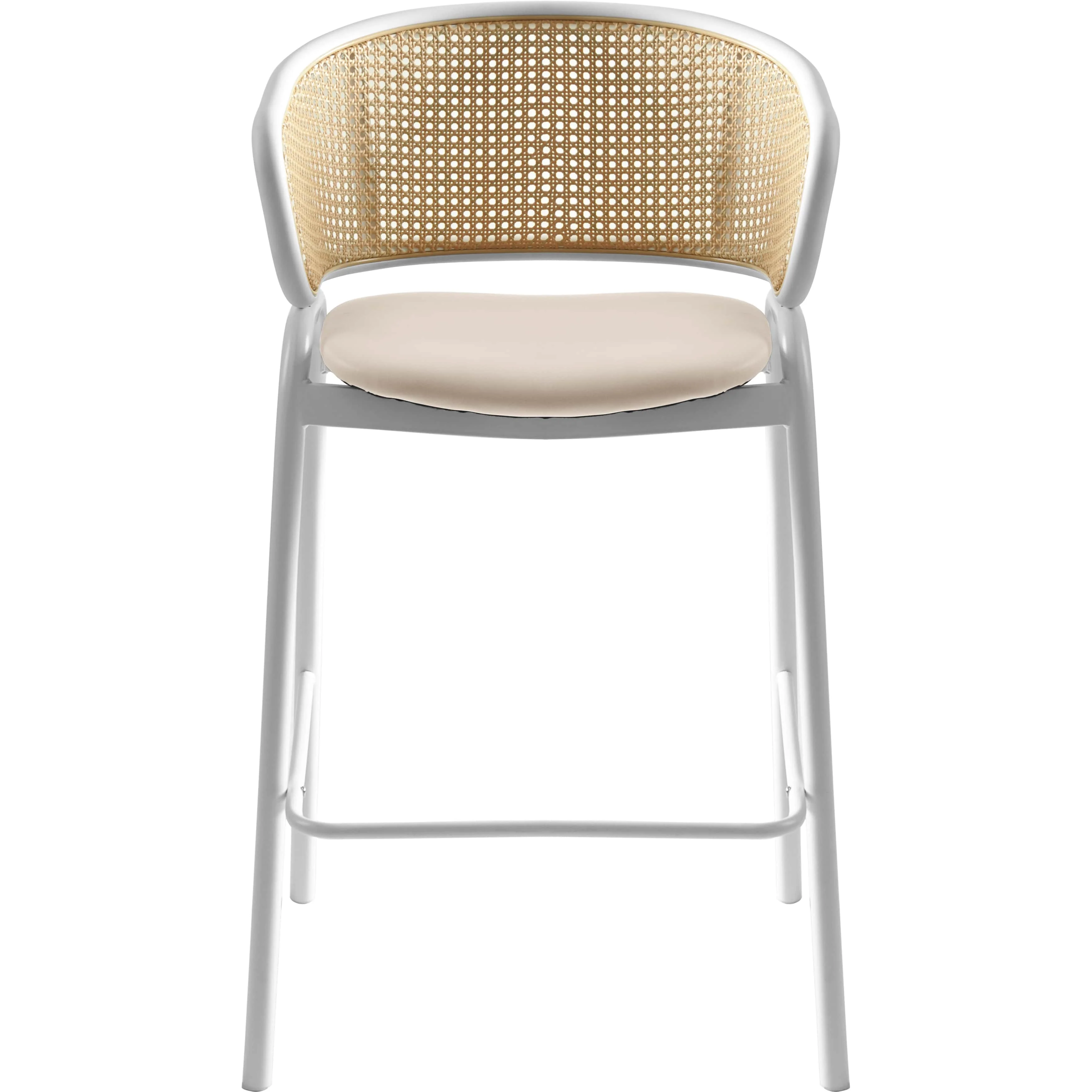 Ervilla Wicker Bar Stool with Fabric Seat and White Steel Frame - White leather - Set of 2