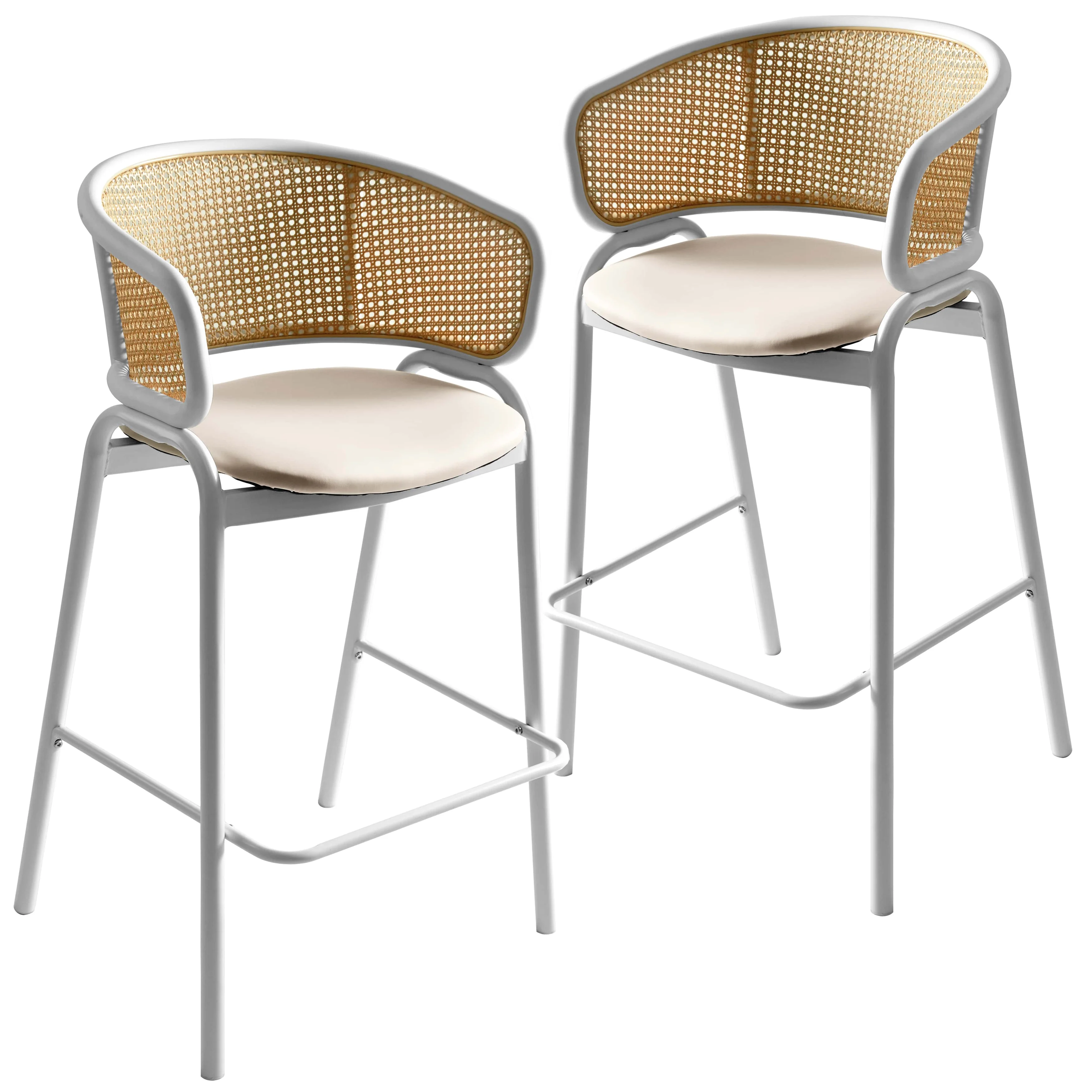 Ervilla Wicker Bar Stool with Fabric Seat and White Steel Frame - White leather - Set of 2