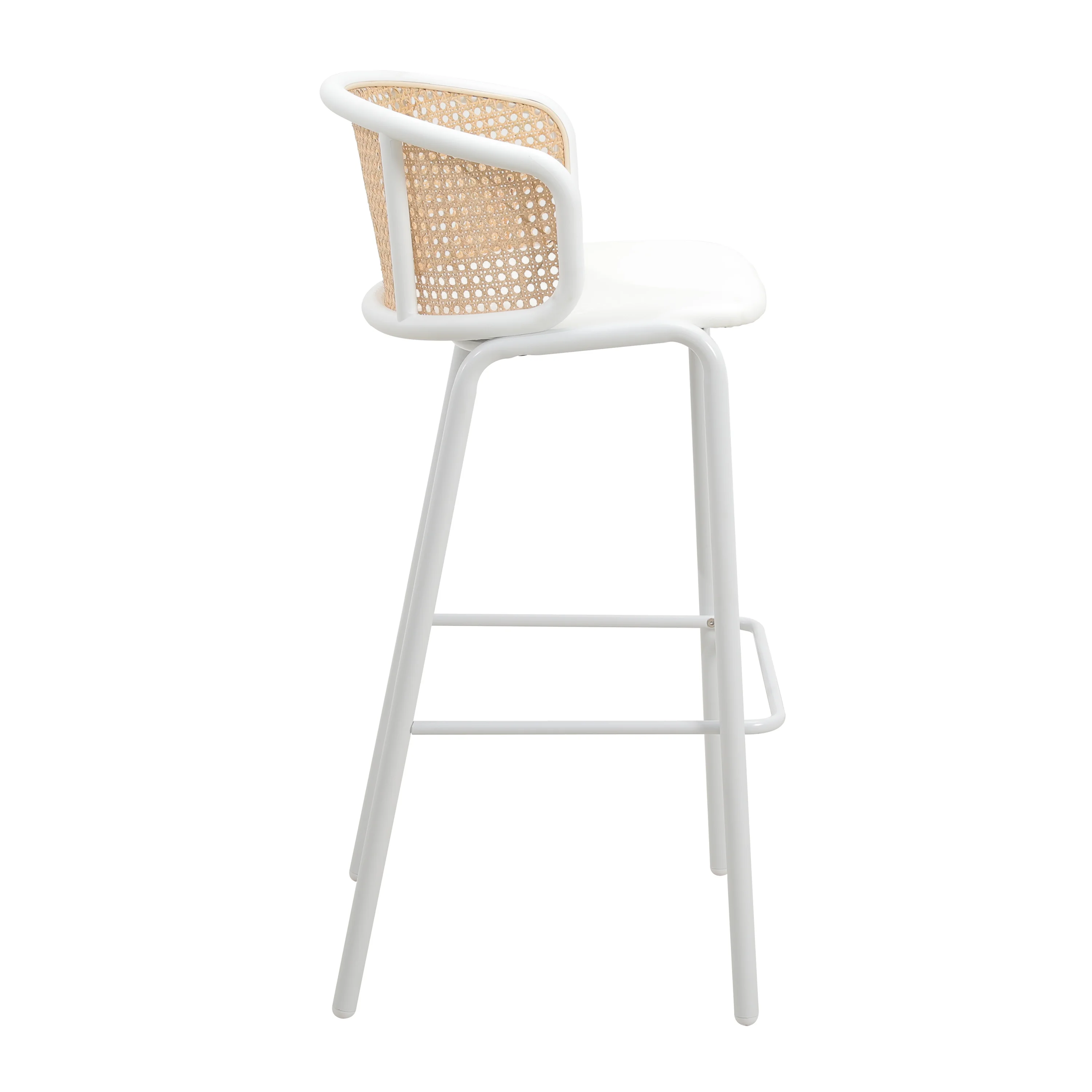 Ervilla Mid-Century Modern Wicker Bar Stool with Fabric Seat and White Powder Coated Steel Frame for Kitchen and Dining Room in White