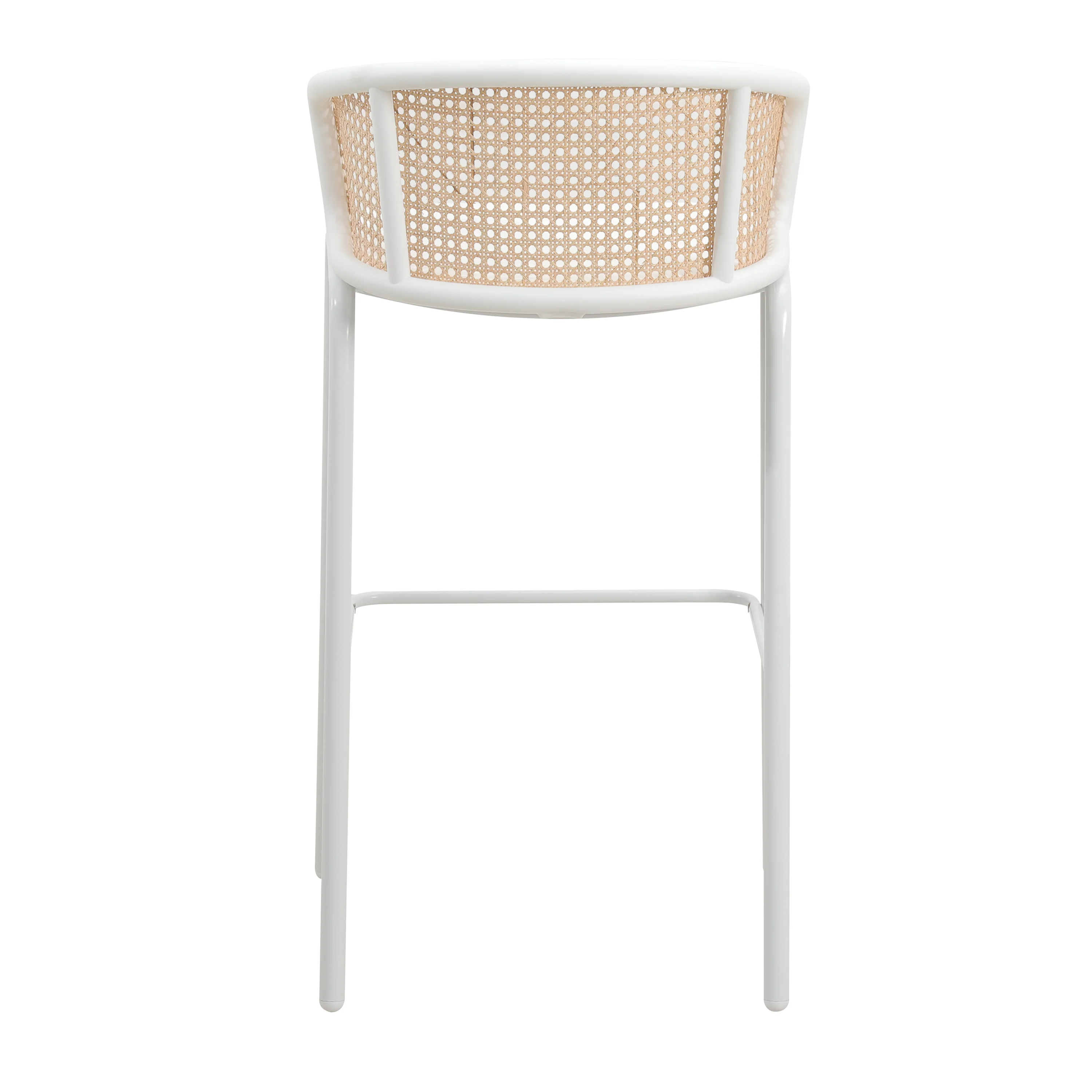 Ervilla Mid-Century Modern Wicker Bar Stool with Fabric Seat and White Powder Coated Steel Frame, Set of 2 in White