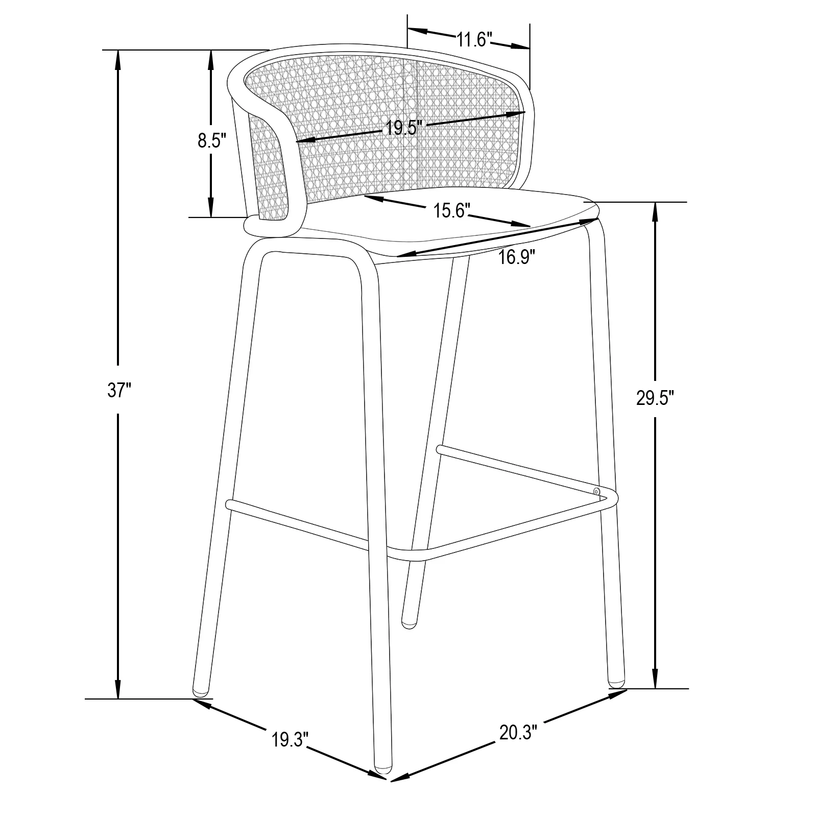 Ervilla Mid-Century Modern Wicker Bar Stool with Fabric Seat and White Powder Coated Steel Frame, Set of 2 in White