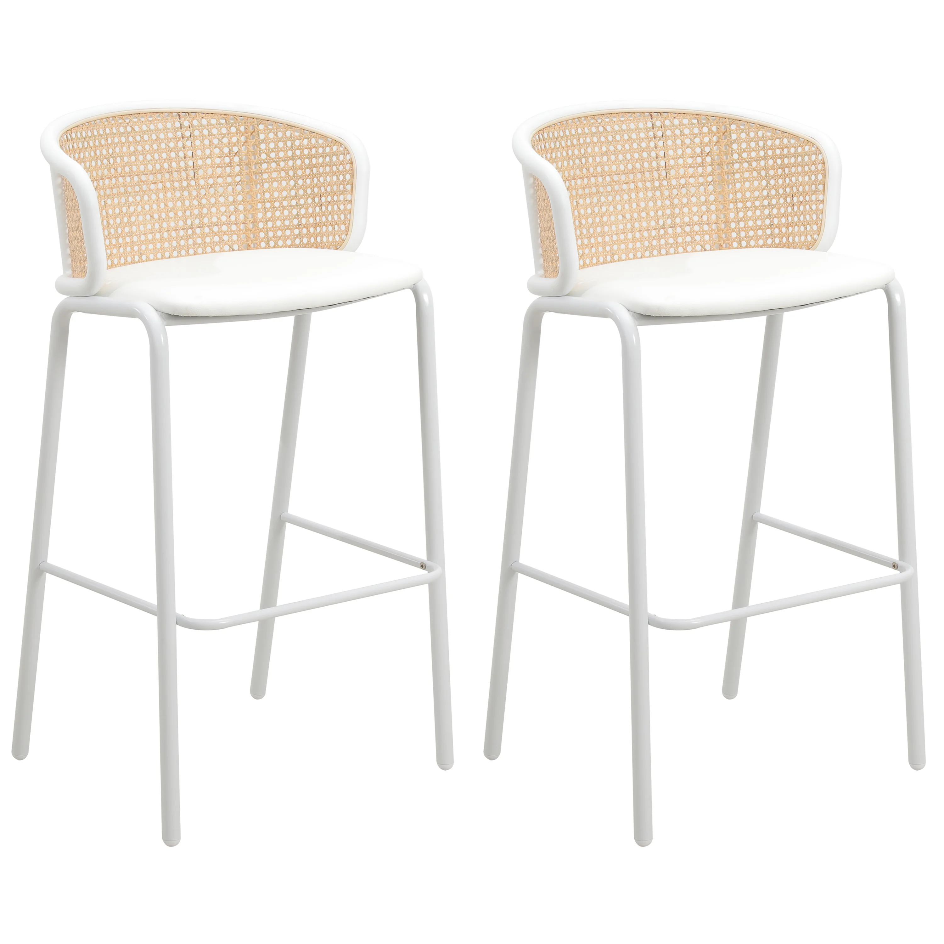 Ervilla Mid-Century Modern Wicker Bar Stool with Fabric Seat and White Powder Coated Steel Frame, Set of 2 in White