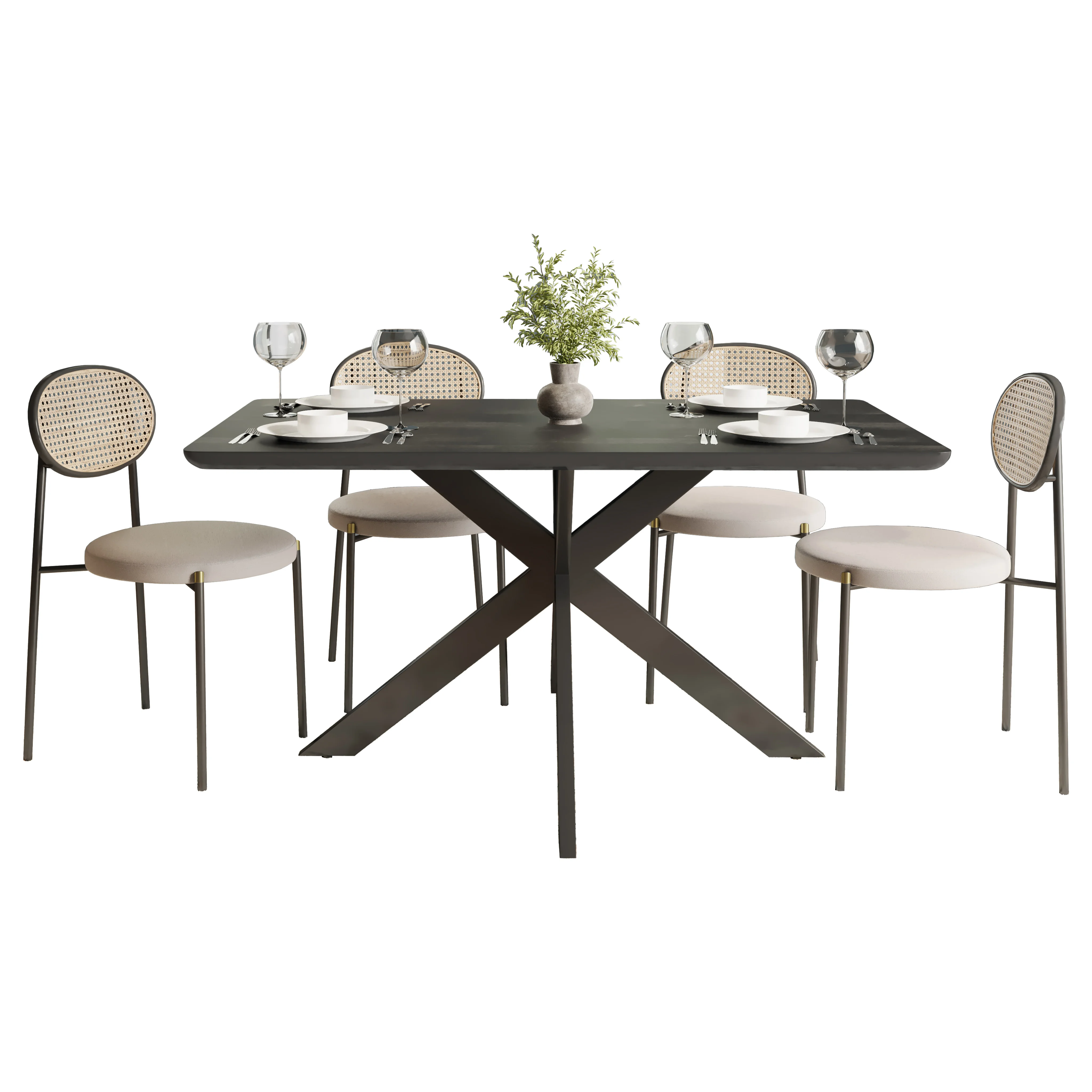 5-Piece Dining Set with 63" Rectangular Dining Table in Ebony with 4 Velvet Dining Chairs in Black Steel Legs in Beige
