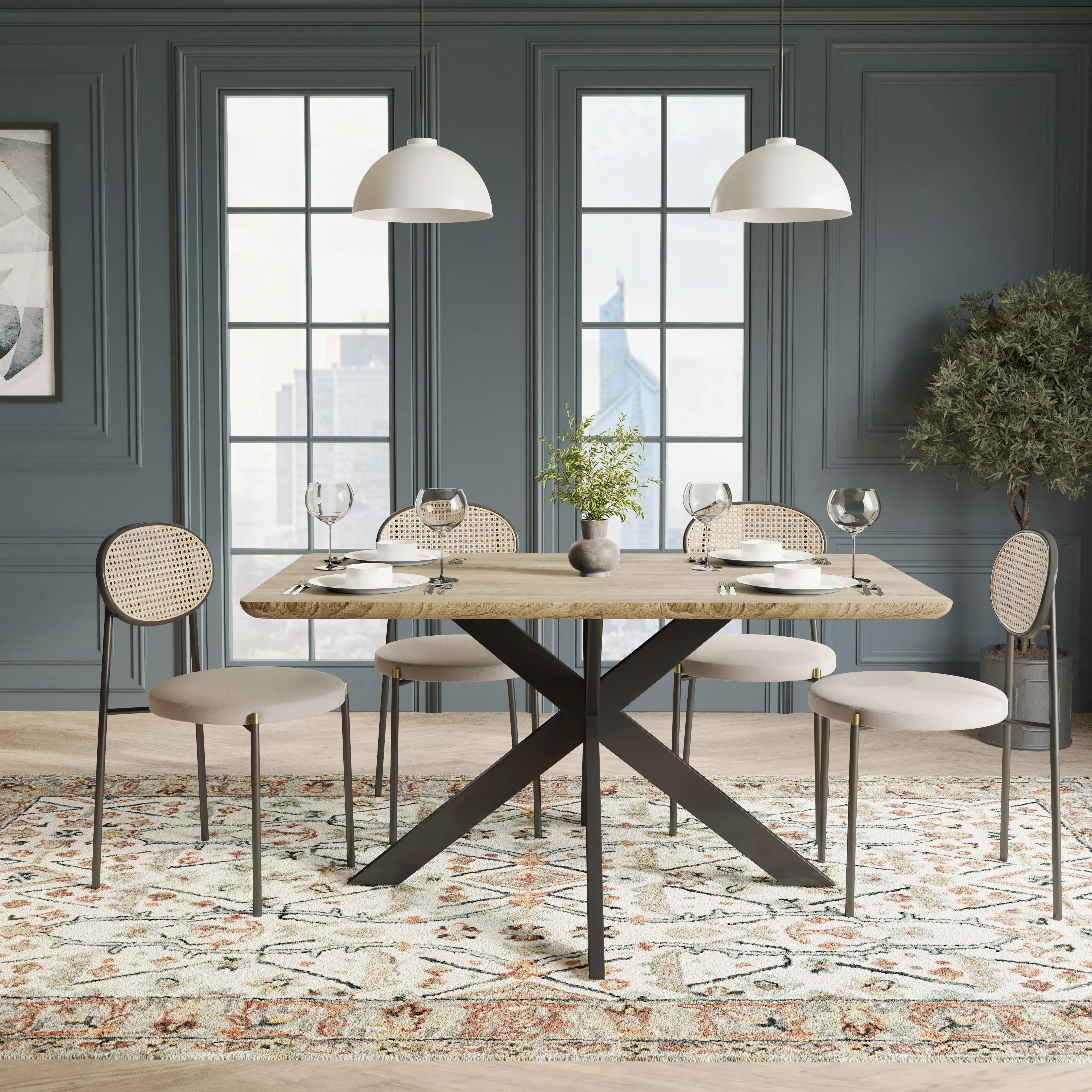 5-Piece Dining Set with 63" Rectangular Dining Table in Maple with 4 Velvet Dining Chairs in Black Steel Legs in Beige