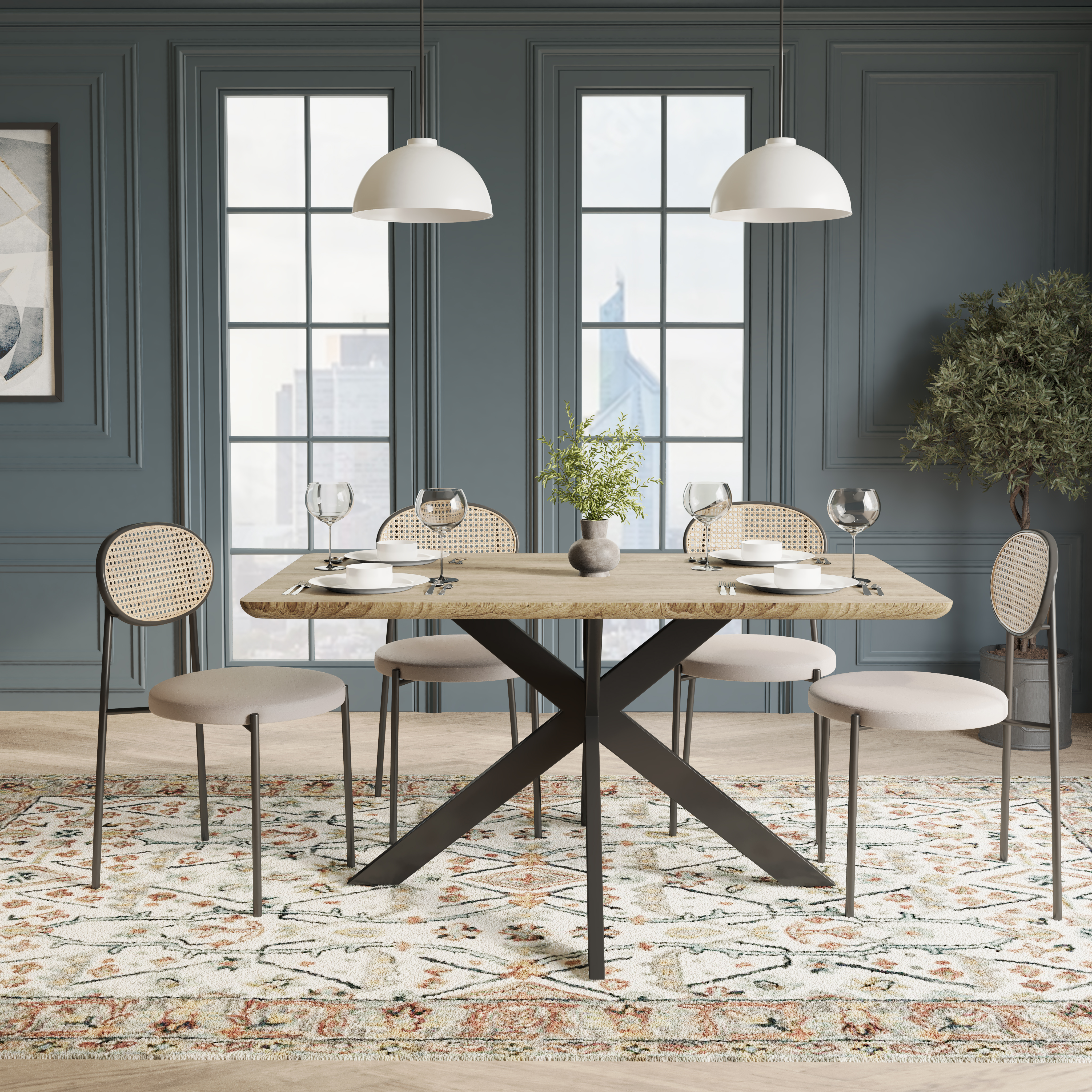 5-Piece Dining Set with 63" Rectangular Dining Table in Maple with 4 Velvet Dining Chairs in Black Steel Legs in Beige