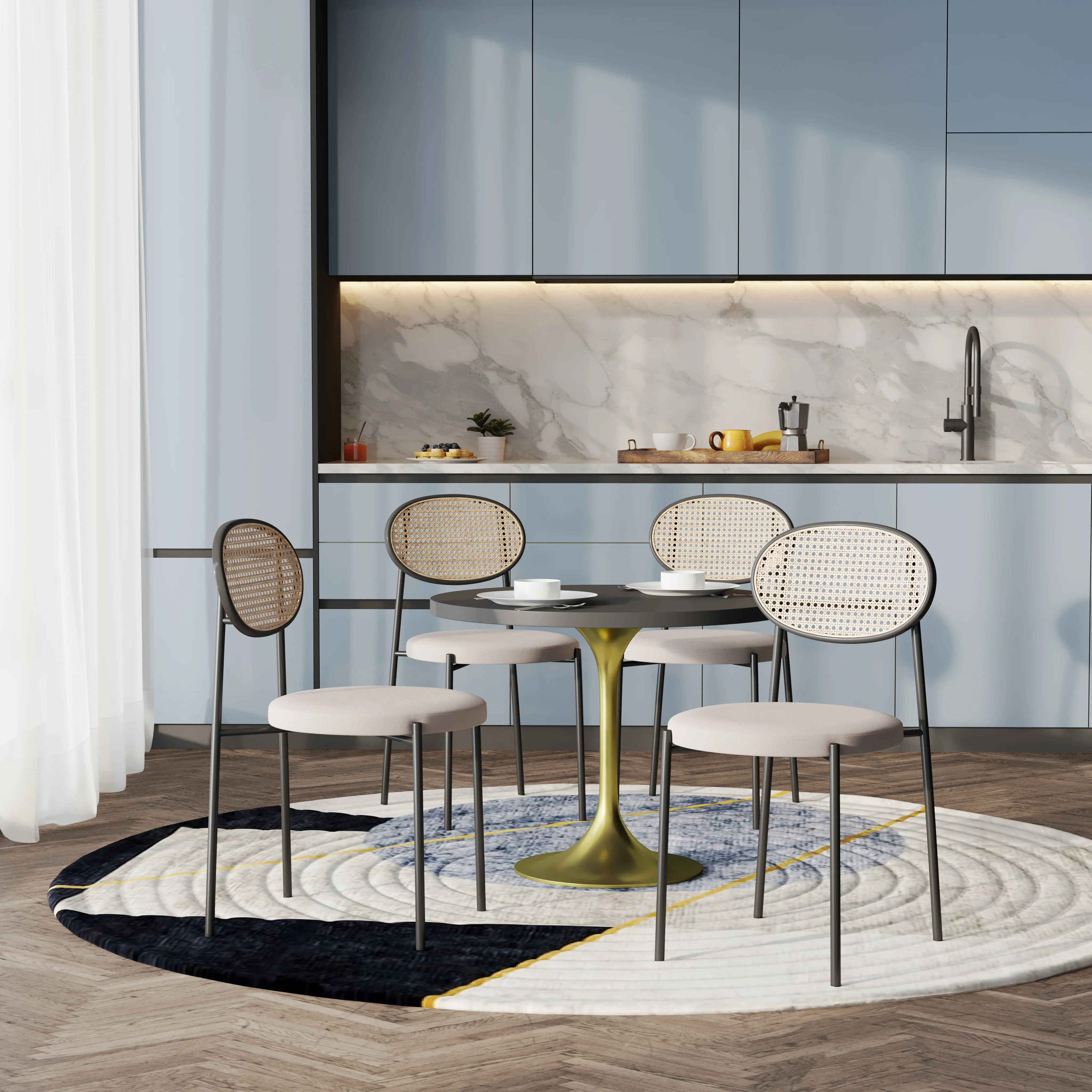 5-Piece Dining Set with 36" Round Dining Table Black MDF Top and Gold Base with 4 Velvet Dining Chairs in Black Steel Legs in Beige