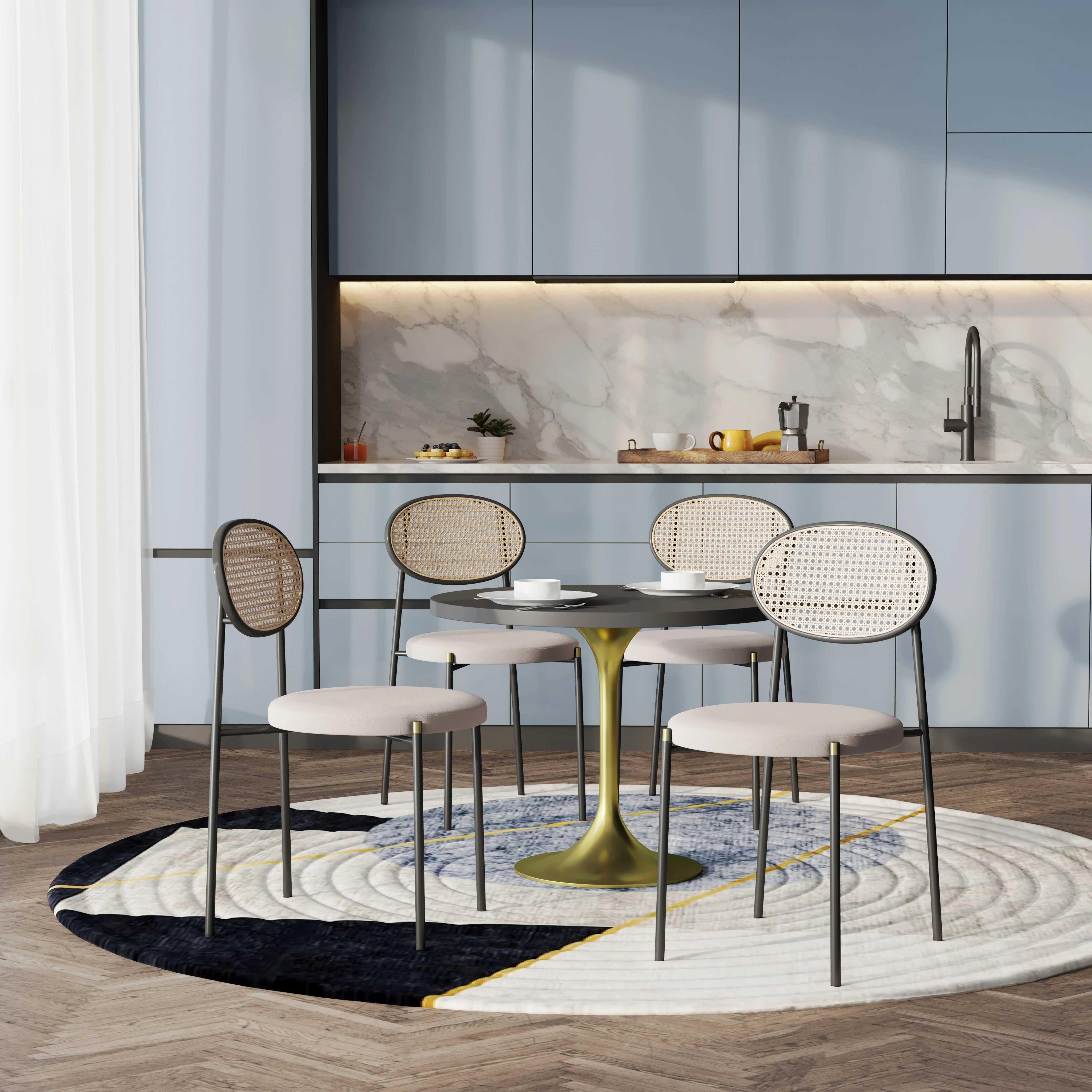 5-Piece Dining Set with 36" Round Dining Table Black MDF Top and Gold Base with 4 Velvet Dining Chairs in Black Steel Legs in Beige