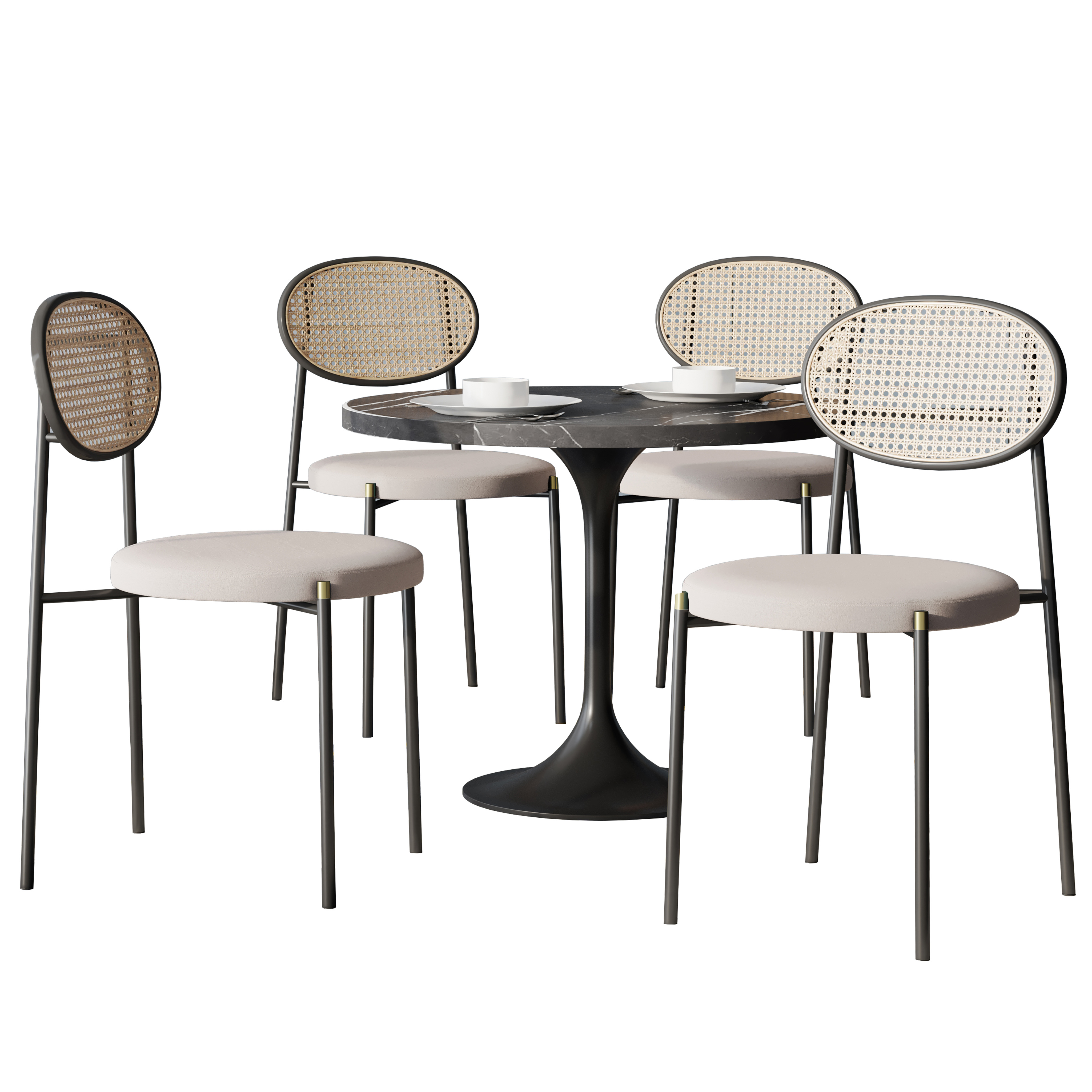 5-Piece Dining Set with 36" Round Dining Table Black Sintered Stone Top and Black Pedestal with 4 Velvet Dining Chairs in Black Steel Legs in Beige