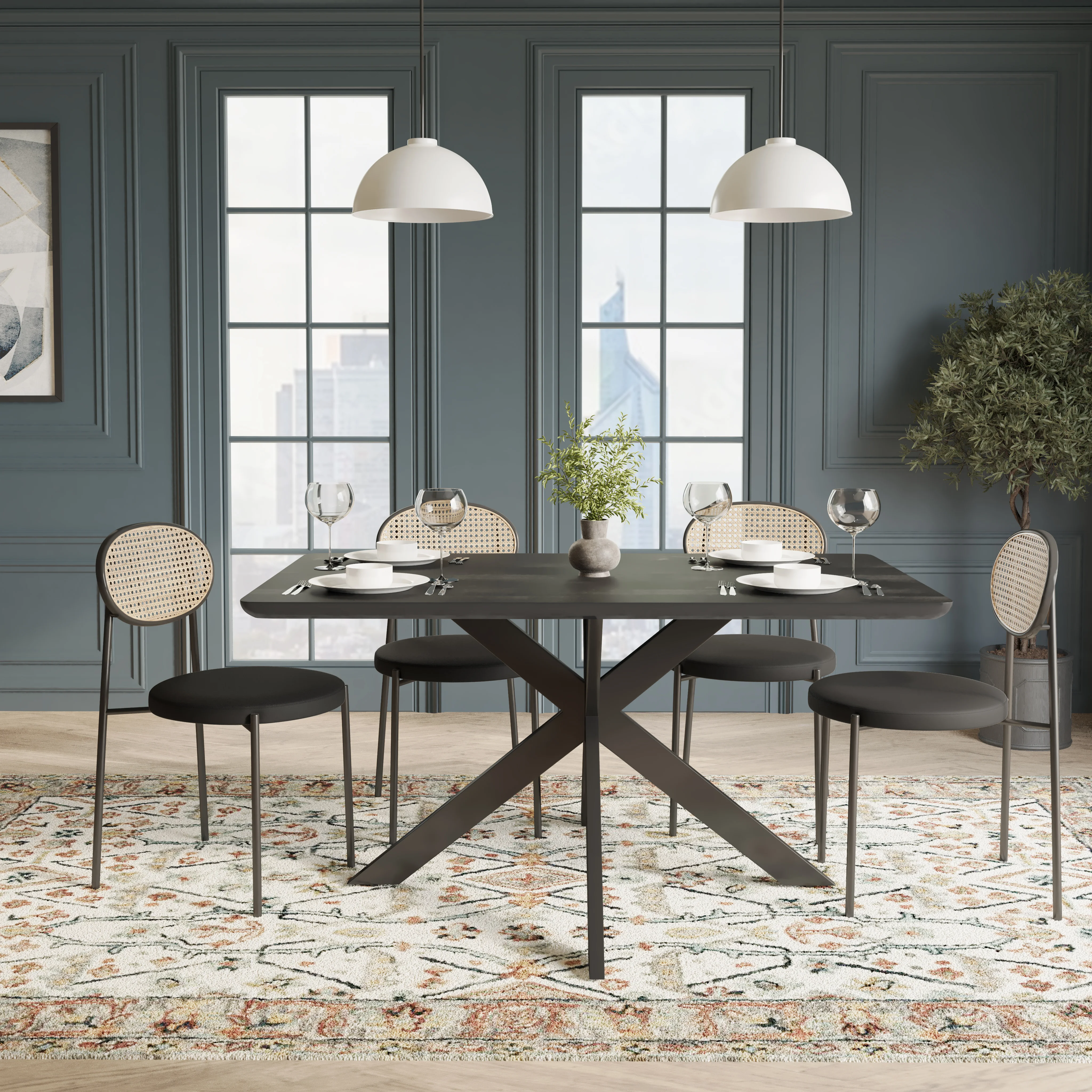 5-Piece Dining Set with 63" Rectangular Dining Table in Ebony with 4 Velvet Dining Chairs in Black Steel Legs in Black