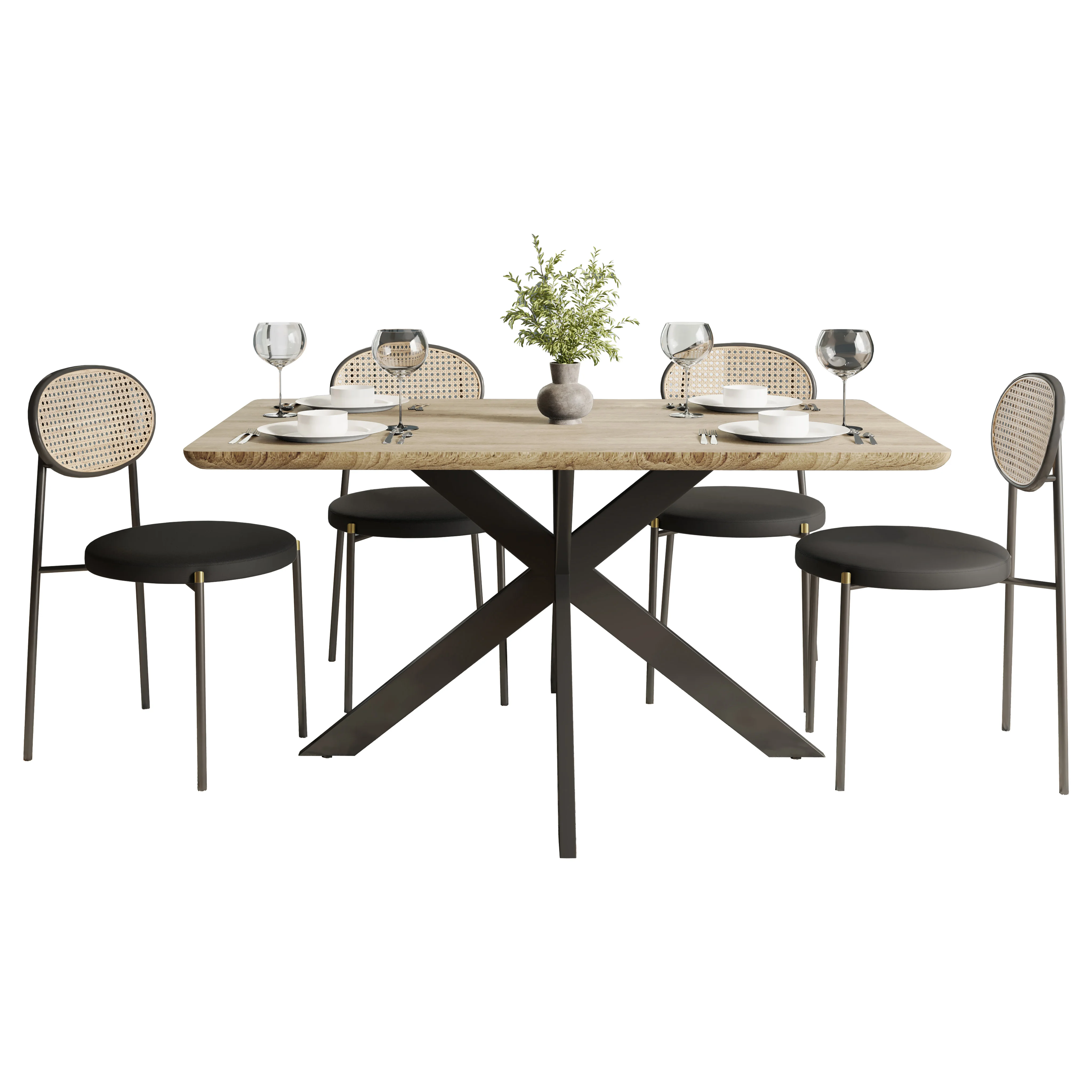 5-Piece Dining Set with 63" Rectangular Dining Table in Maple with 4 Velvet Dining Chairs in Black Steel Legs in Black