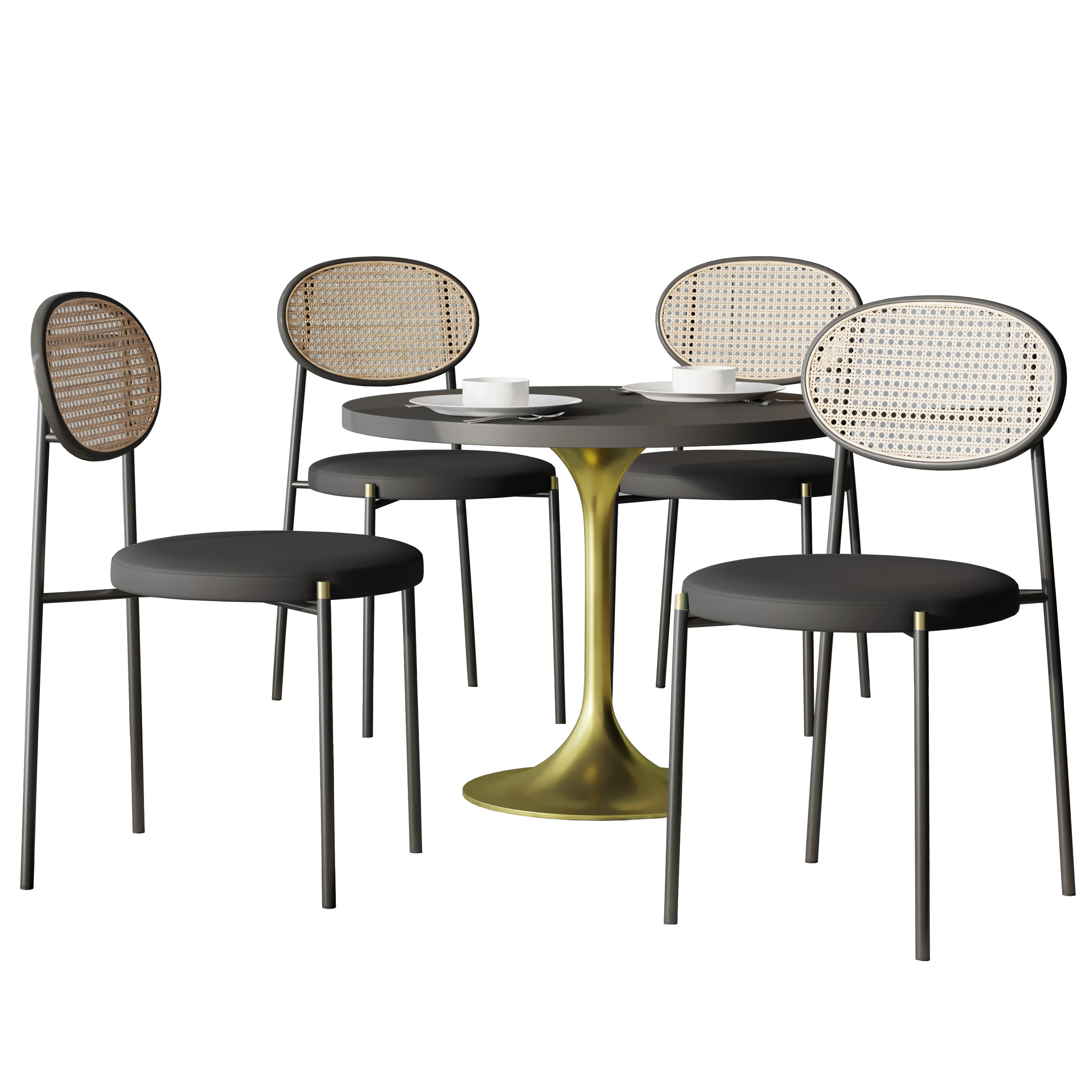 5-Piece Dining Set with 36" Round Dining Table Black MDF Top and Gold Base with 4 Velvet Dining Chairs in Black Steel Legs in Black