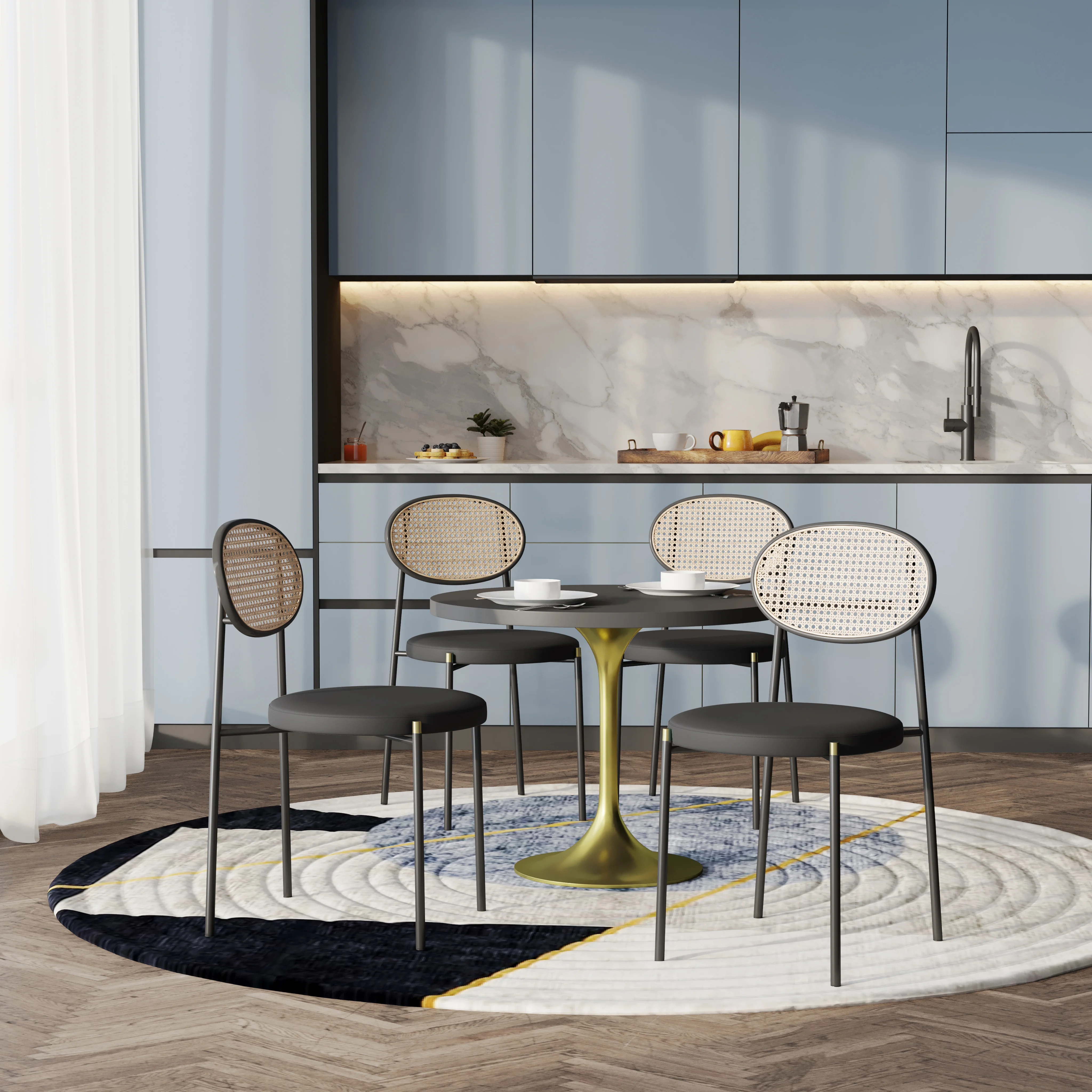 5-Piece Dining Set with 36" Round Dining Table Black MDF Top and Gold Base with 4 Velvet Dining Chairs in Black Steel Legs in Black