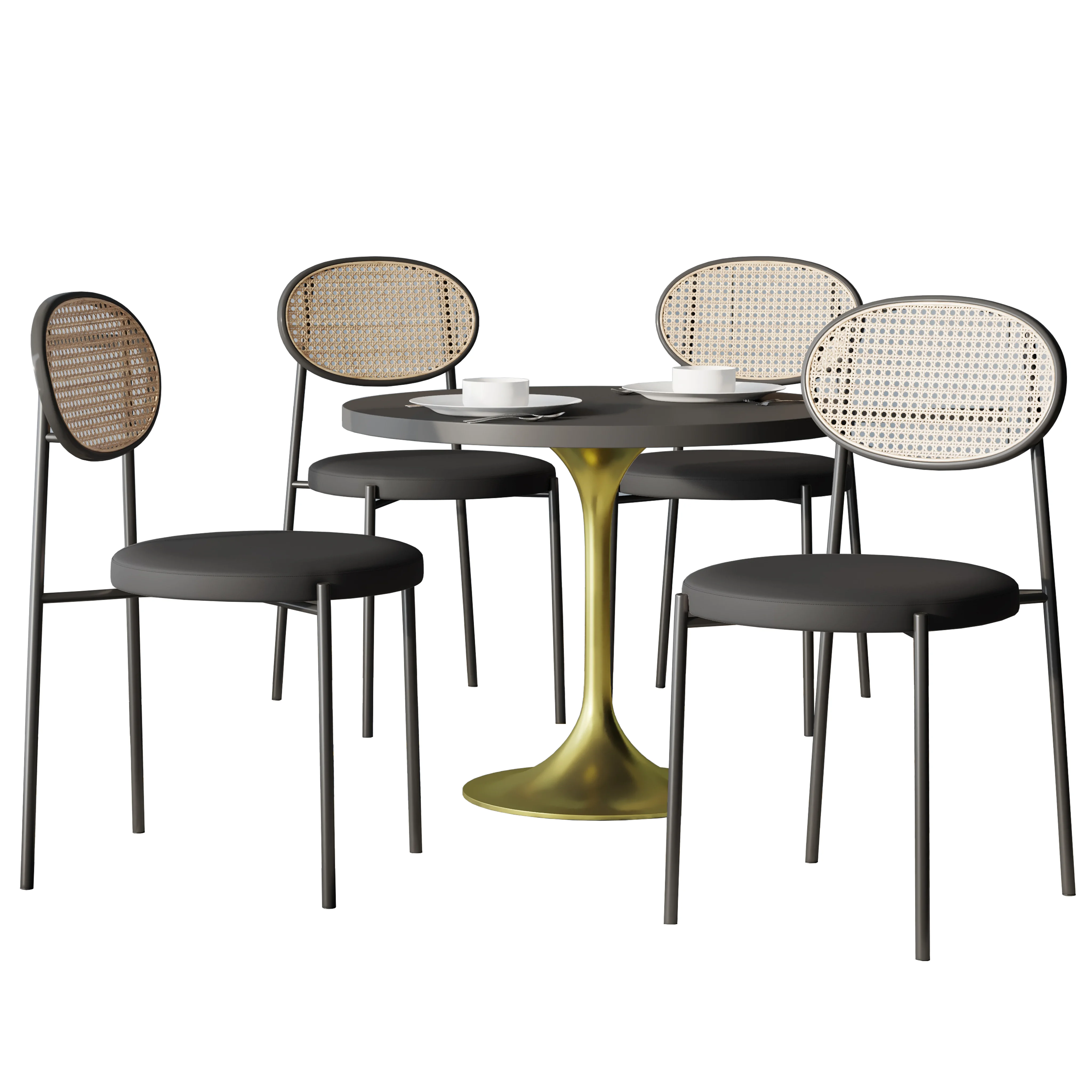 5-Piece Dining Set with 36" Round Dining Table Black MDF Top and Gold Base with 4 Velvet Dining Chairs in Black Steel Legs in Black