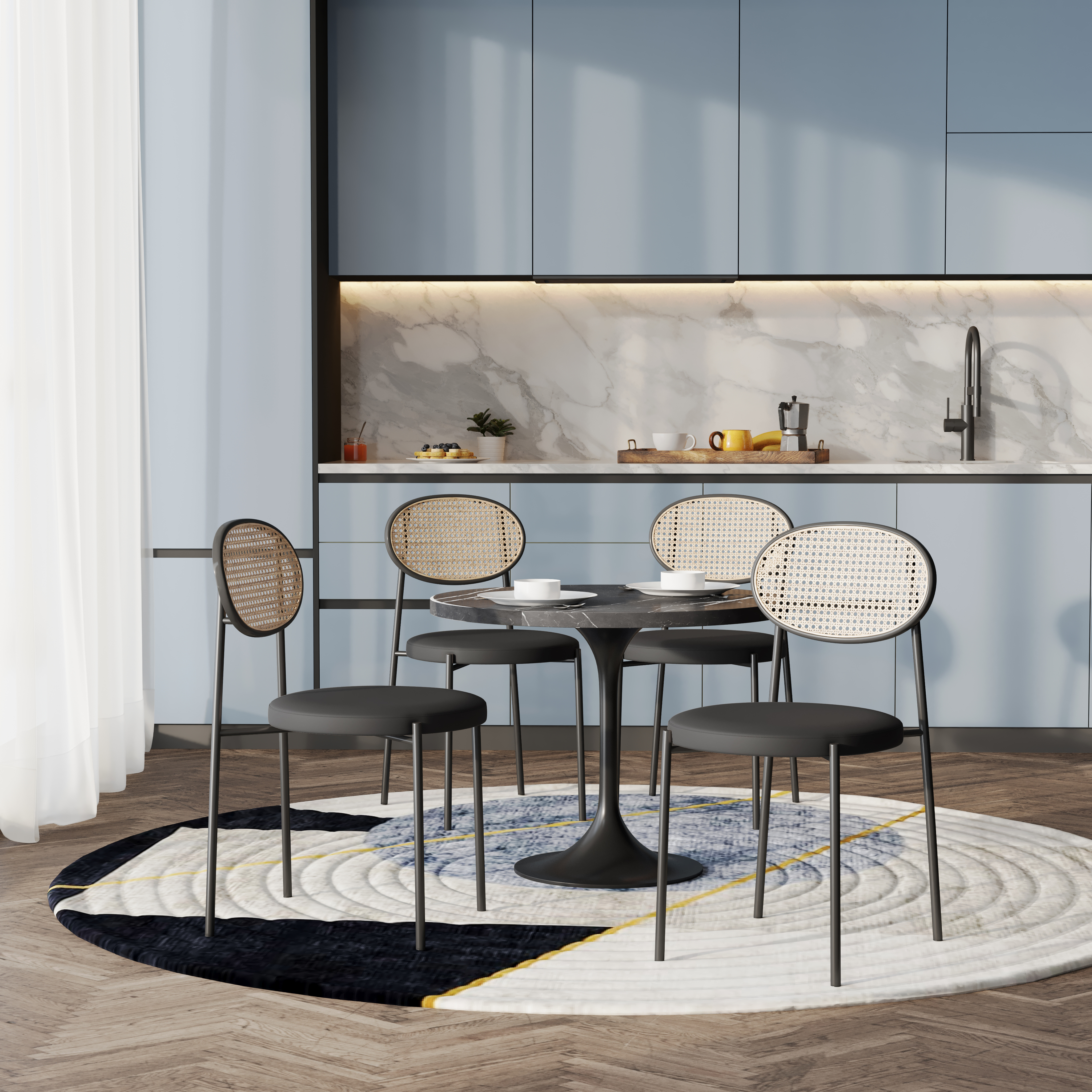 5-Piece Dining Set with 36" Round Dining Table Black Sintered Stone Top and Black Pedestal with 4 Velvet Dining Chairs in Black Steel Legs in Black