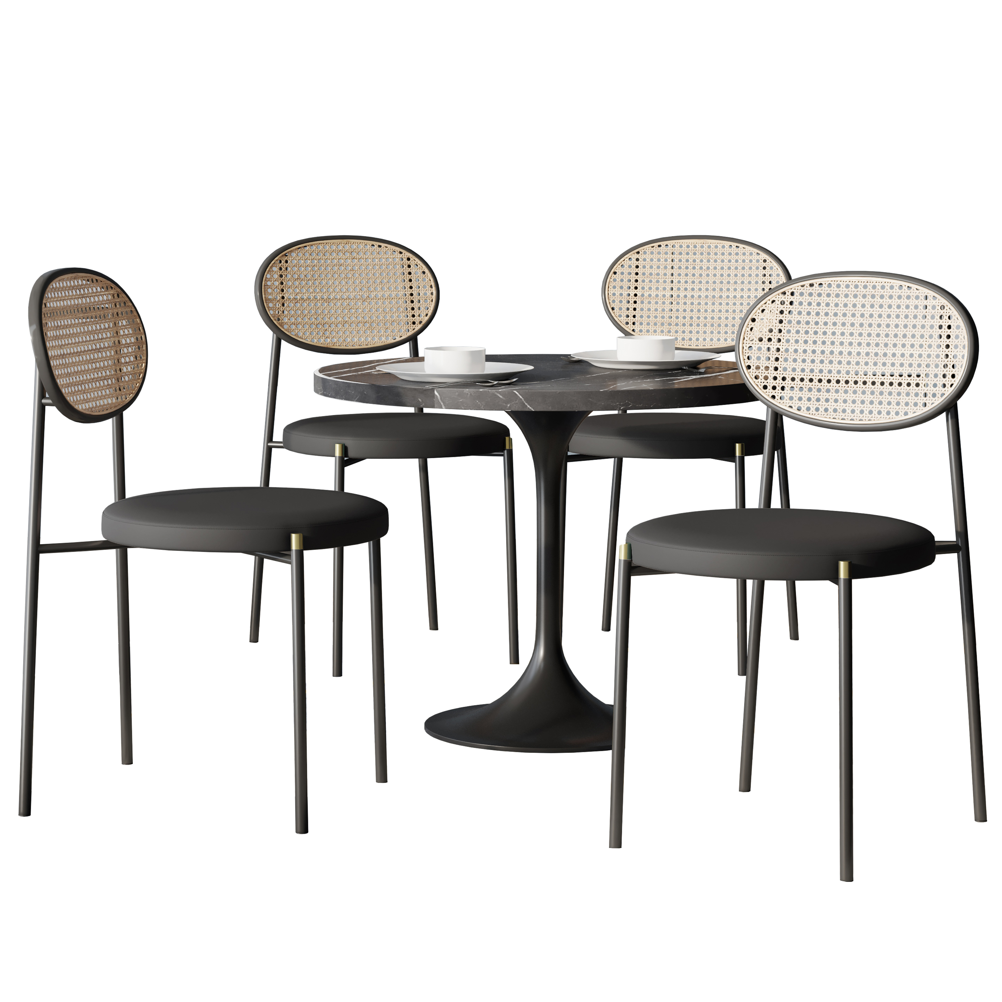 5-Piece Dining Set with 36" Round Dining Table Black Sintered Stone Top and Black Pedestal with 4 Velvet Dining Chairs in Black Steel Legs in Black