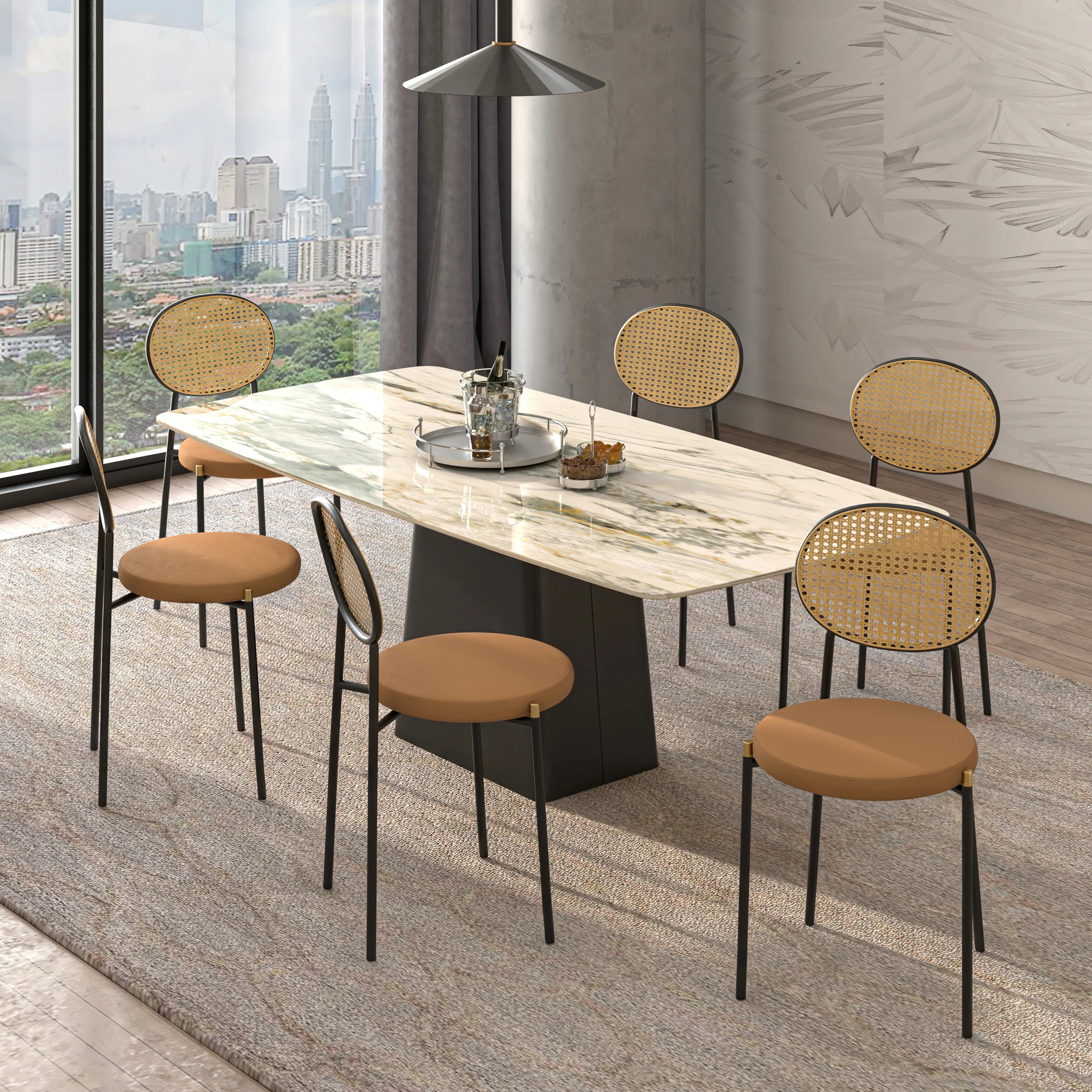 Euston Modern Wicker Dining Chair with Velvet Round Seat Set of 2