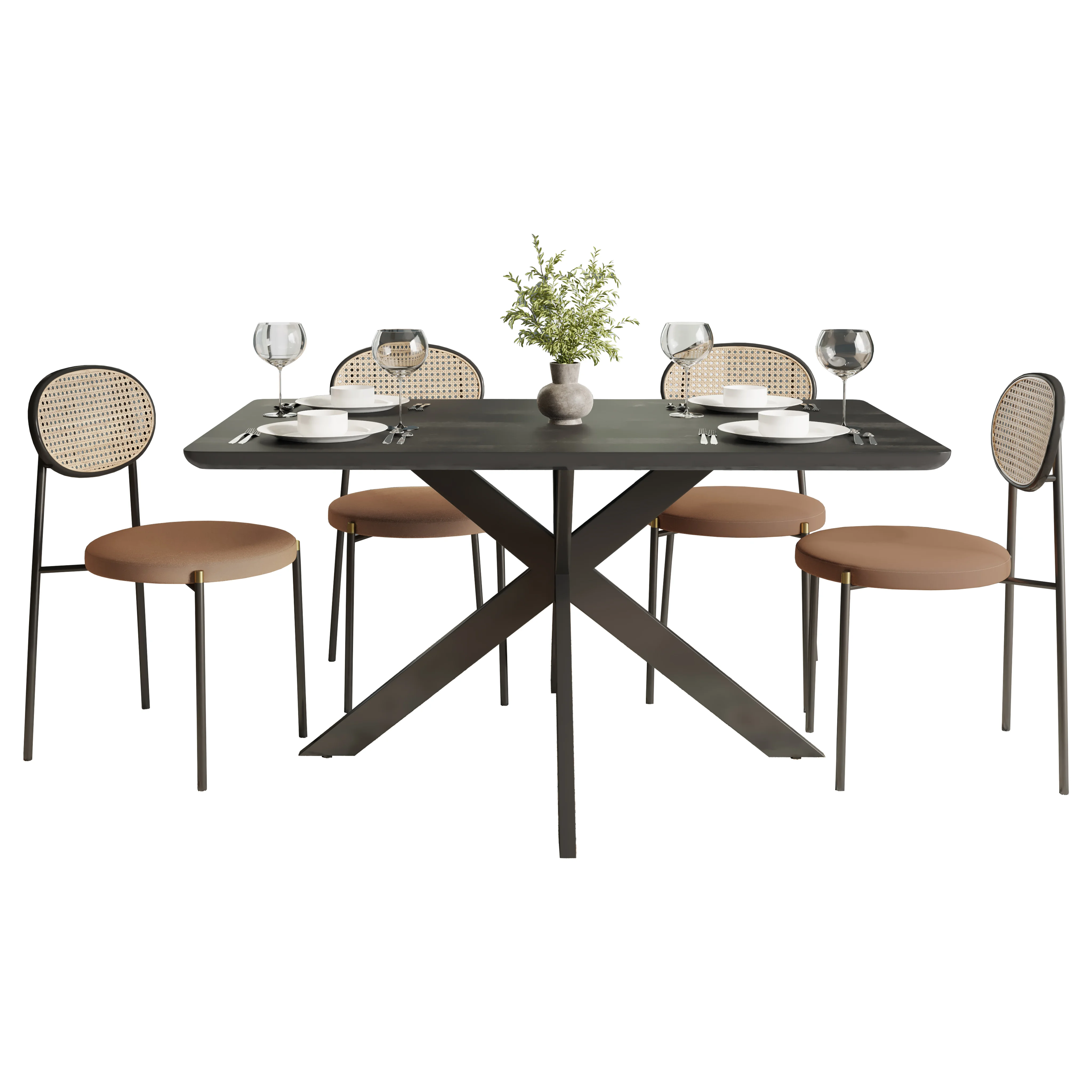 5-Piece Dining Set with 63" Rectangular Dining Table in Ebony with 4 Velvet Dining Chairs in Black Steel Legs in Brown