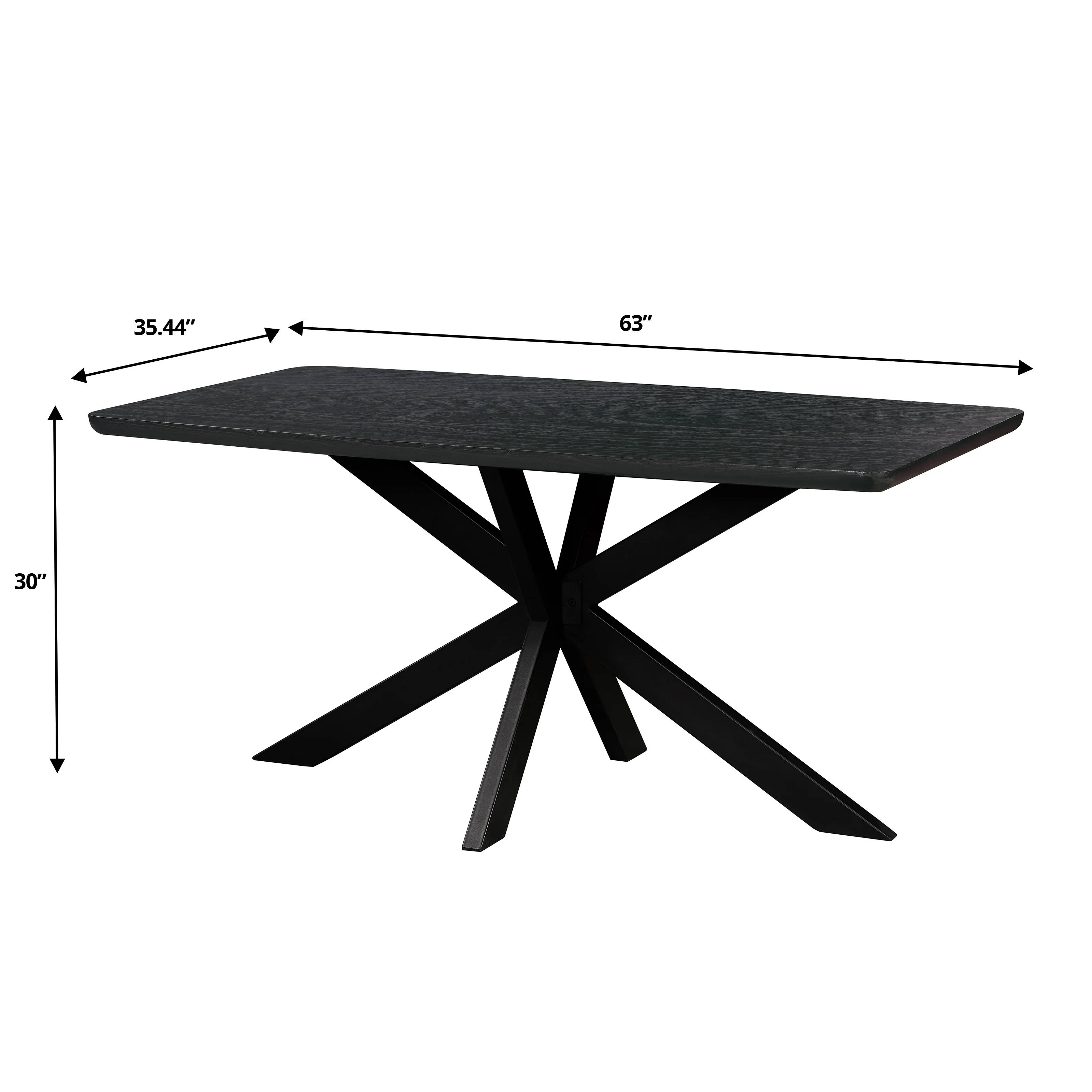 5-Piece Dining Set with 63" Rectangular Dining Table in Ebony with 4 Velvet Dining Chairs in Black Steel Legs in Brown