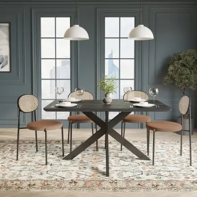 5-Piece Dining Set with 63" Rectangular Dining Table in Ebony with 4 Velvet Dining Chairs in Black Steel Legs in Brown